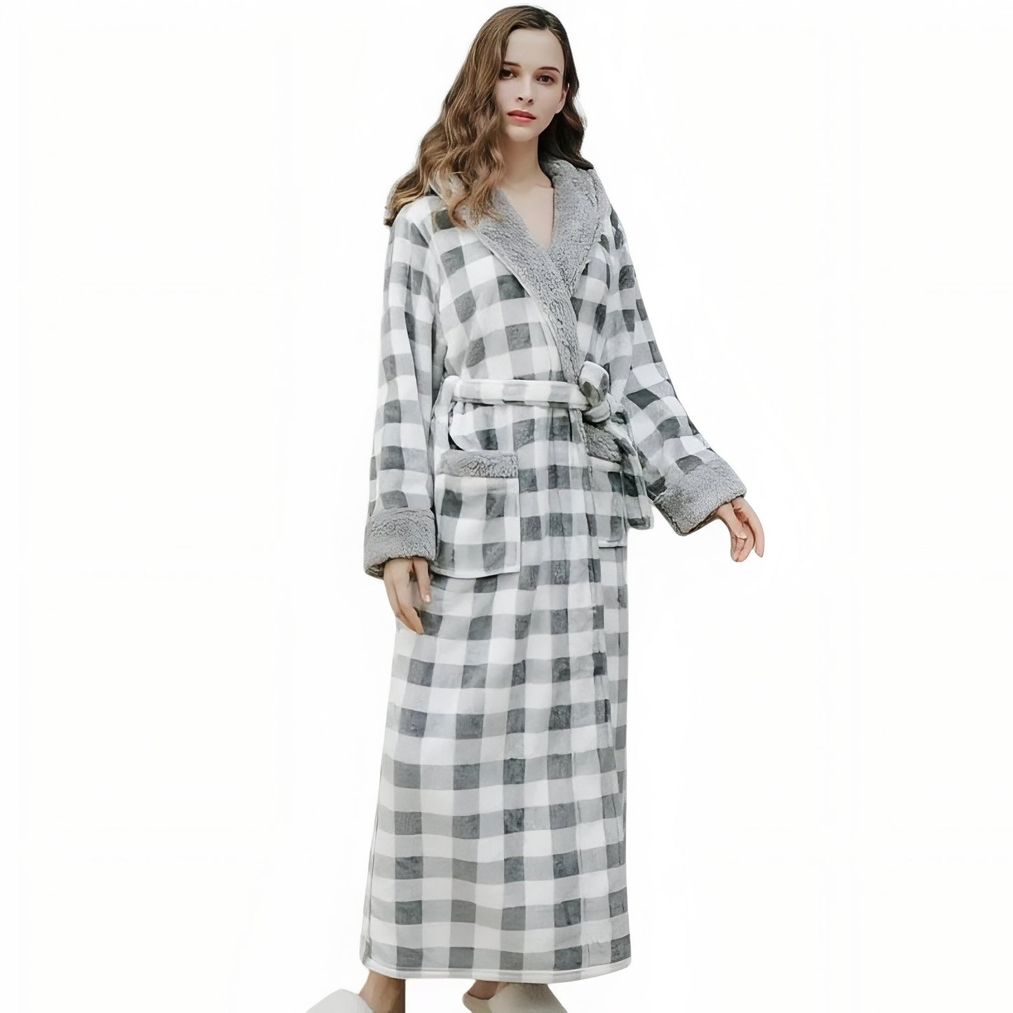 Peignoir de Bain Femme à Carreaux Gris Clair et Blanc M