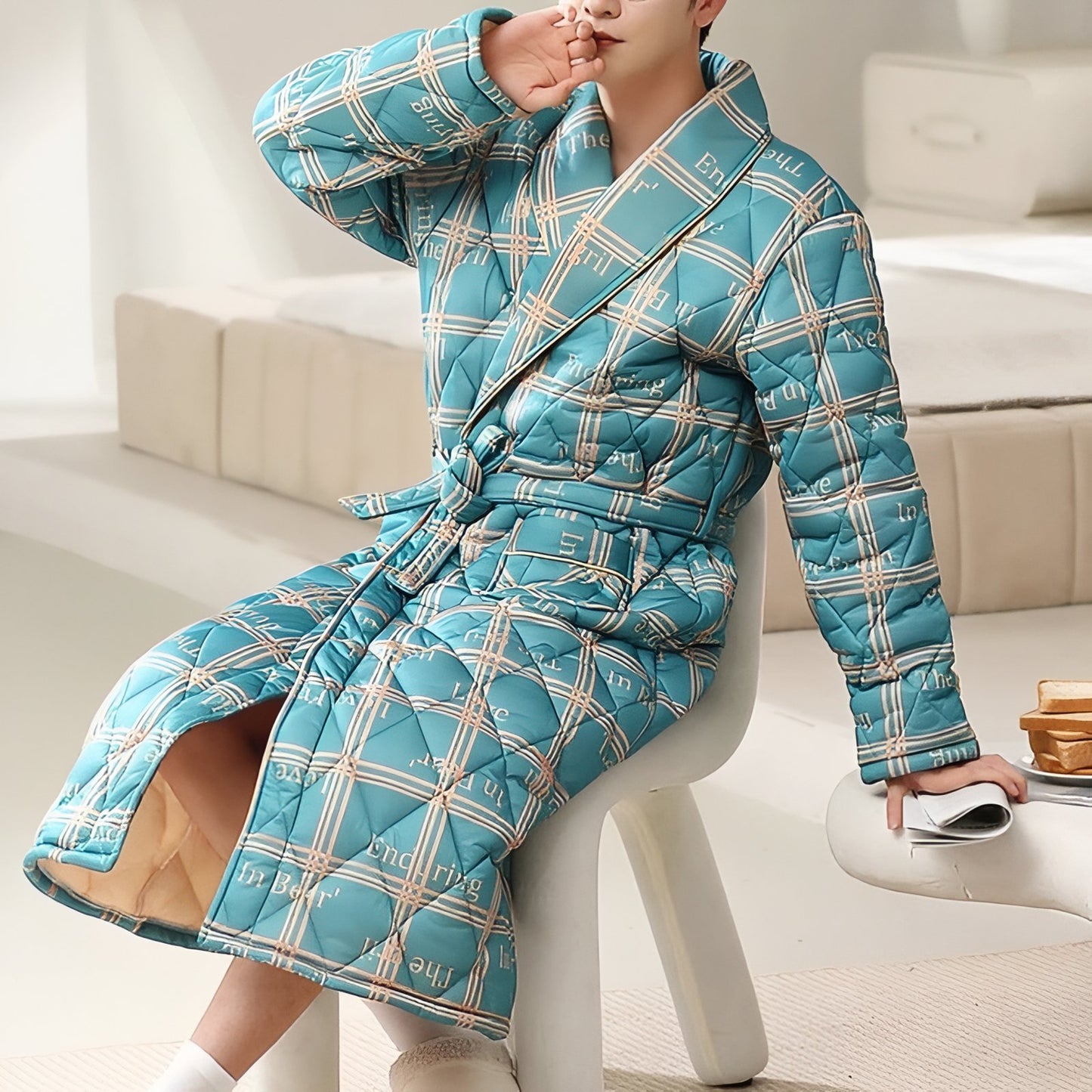 Peignoir Coton Matelassé Turquoise et Beige L