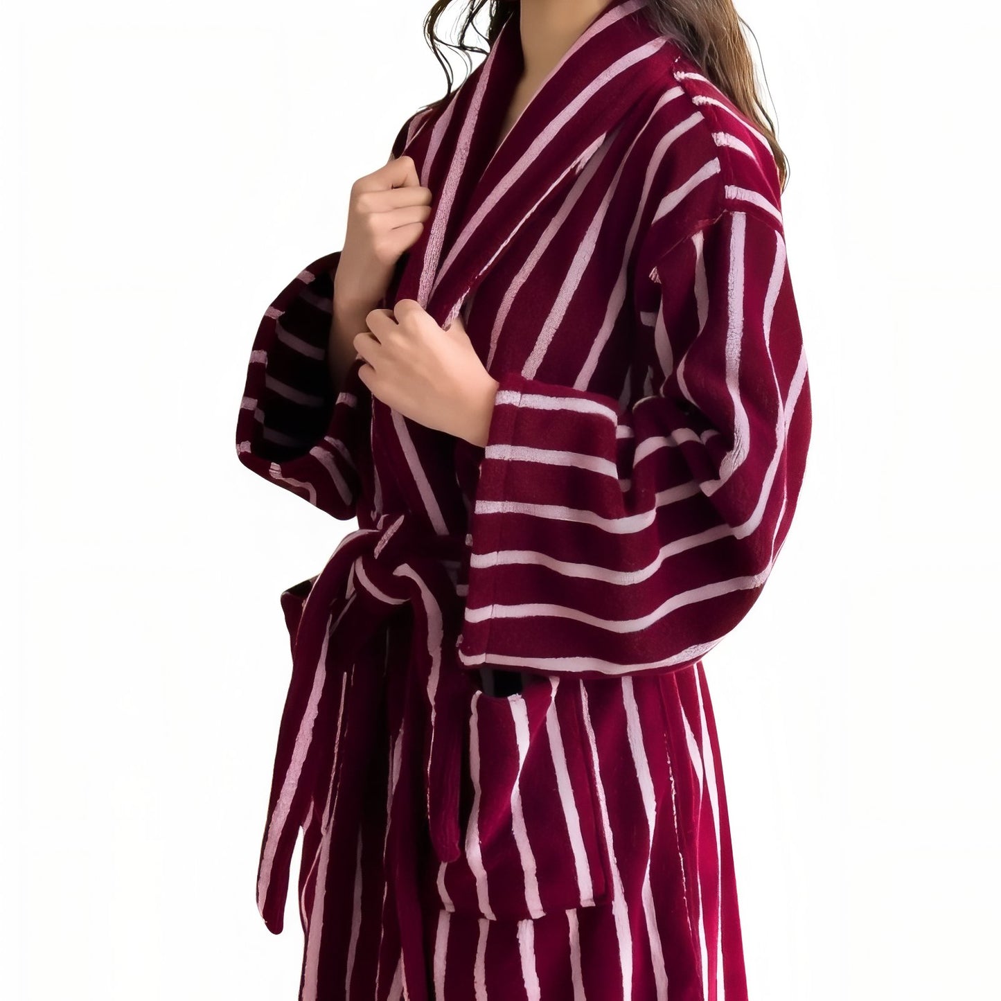 Robe de Chambre Femme Hiver Luxe Bordeaux Rayé Taille Unique