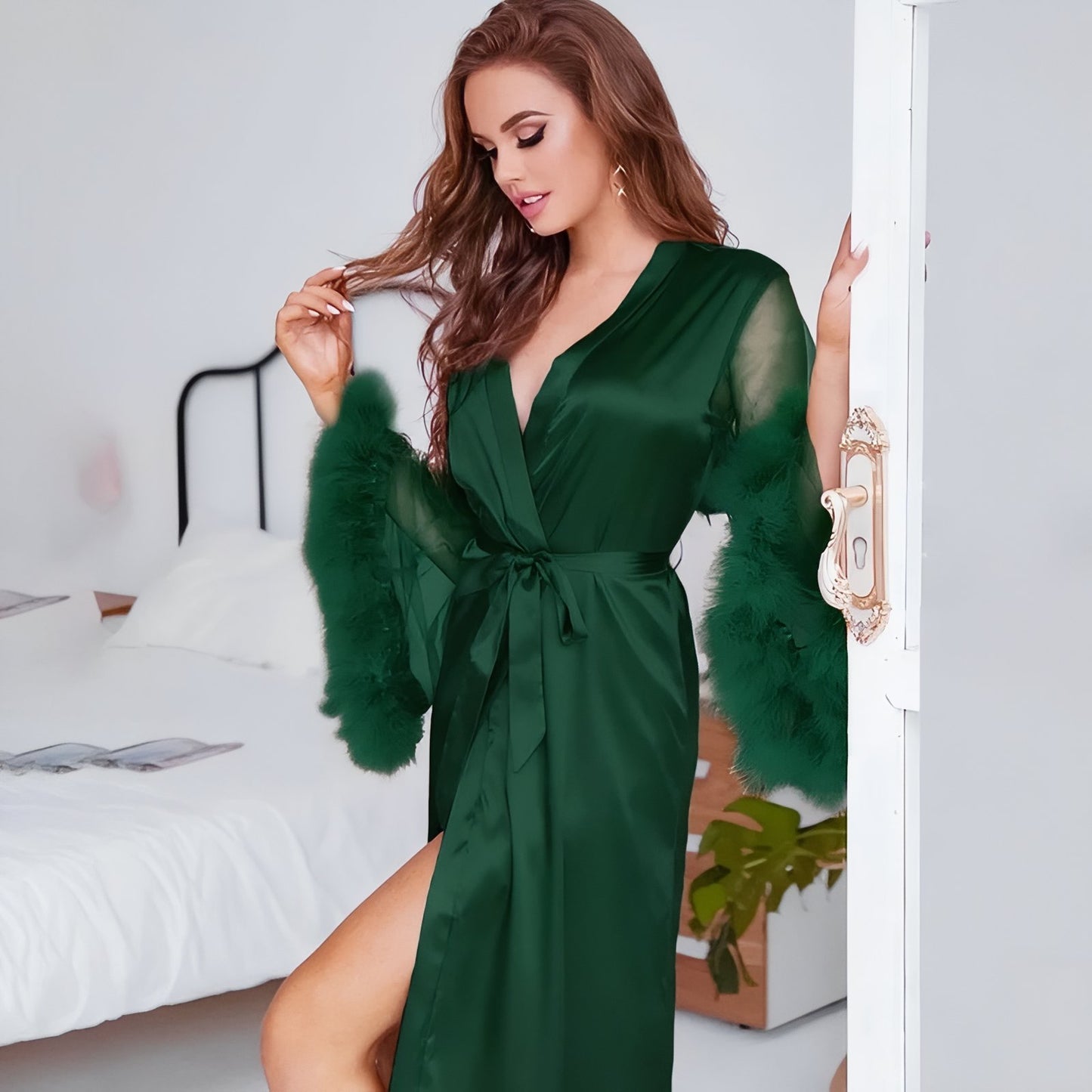 Peignoir Satin Femme Luxe Vert Émeraude S