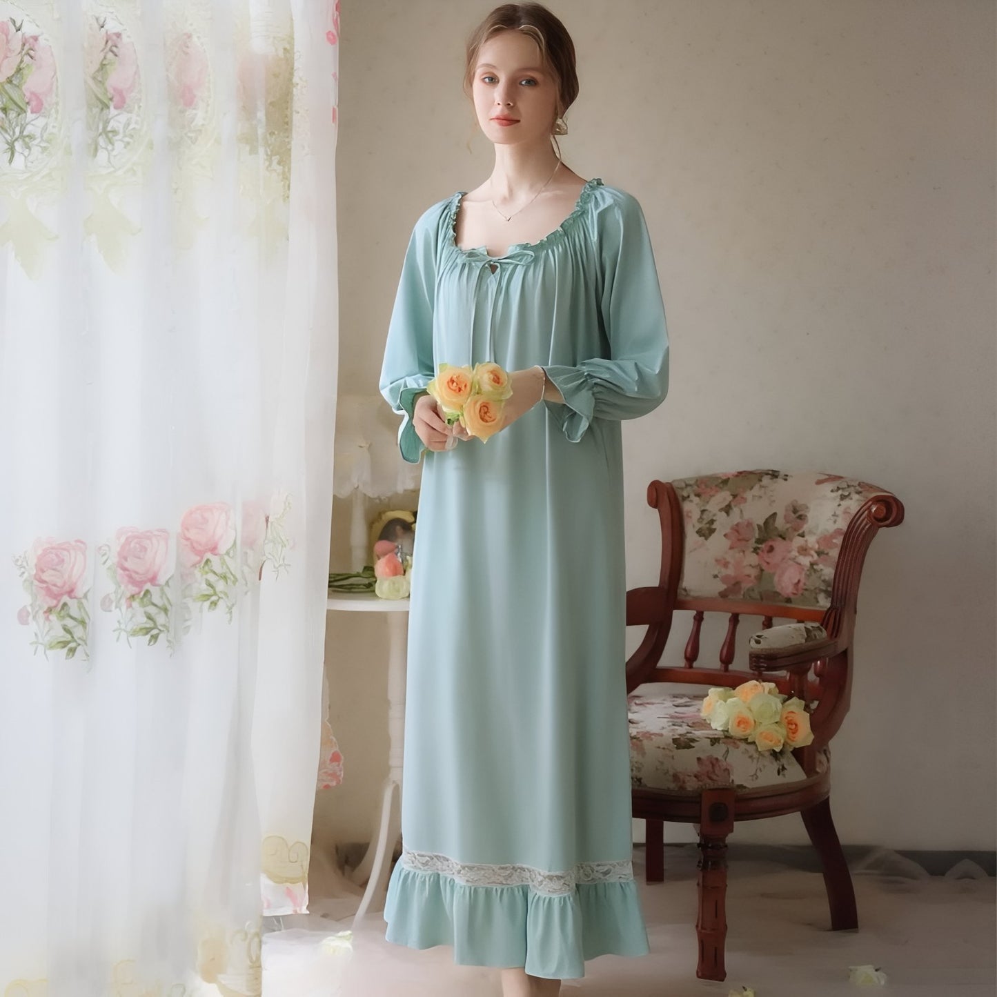 Chemise de Nuit Longue Elégante Vert Pâle (Manches Longues) S