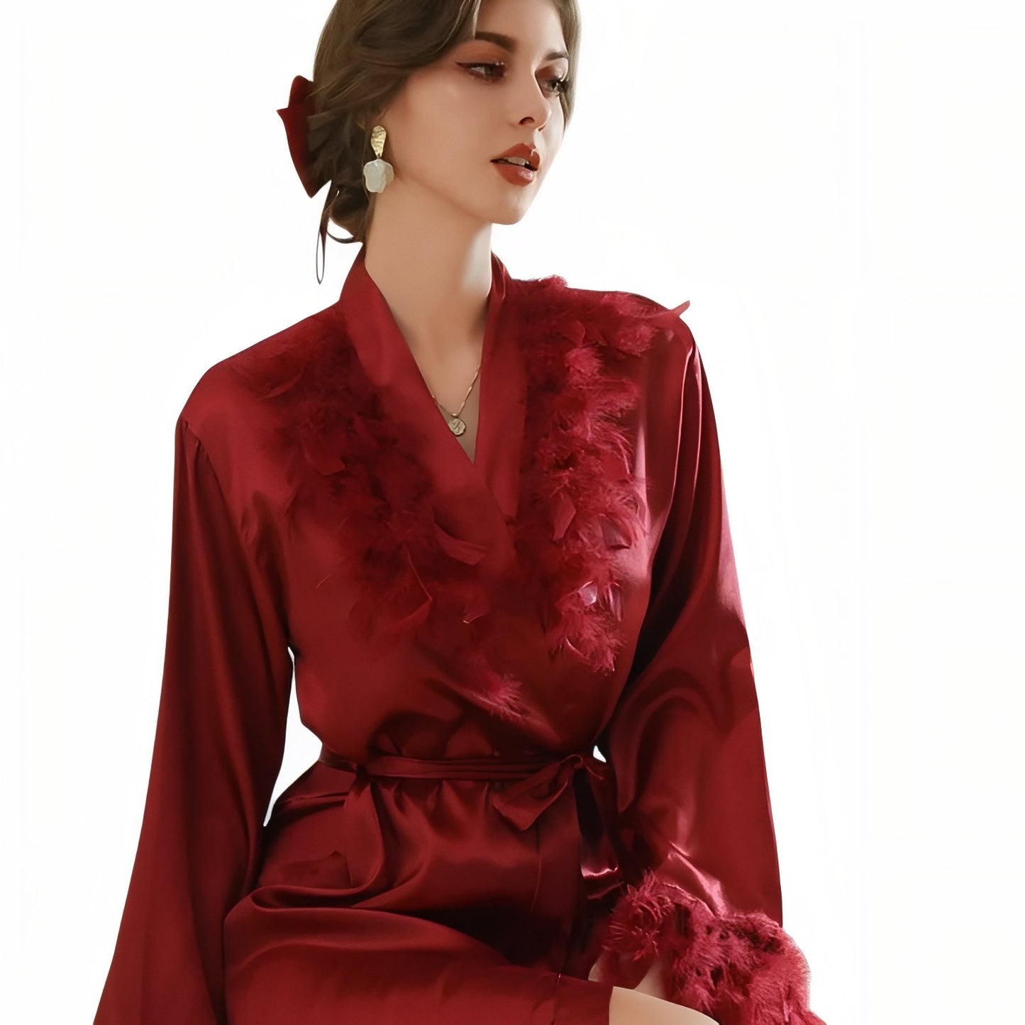 Peignoir Satin Plume Bordeaux M