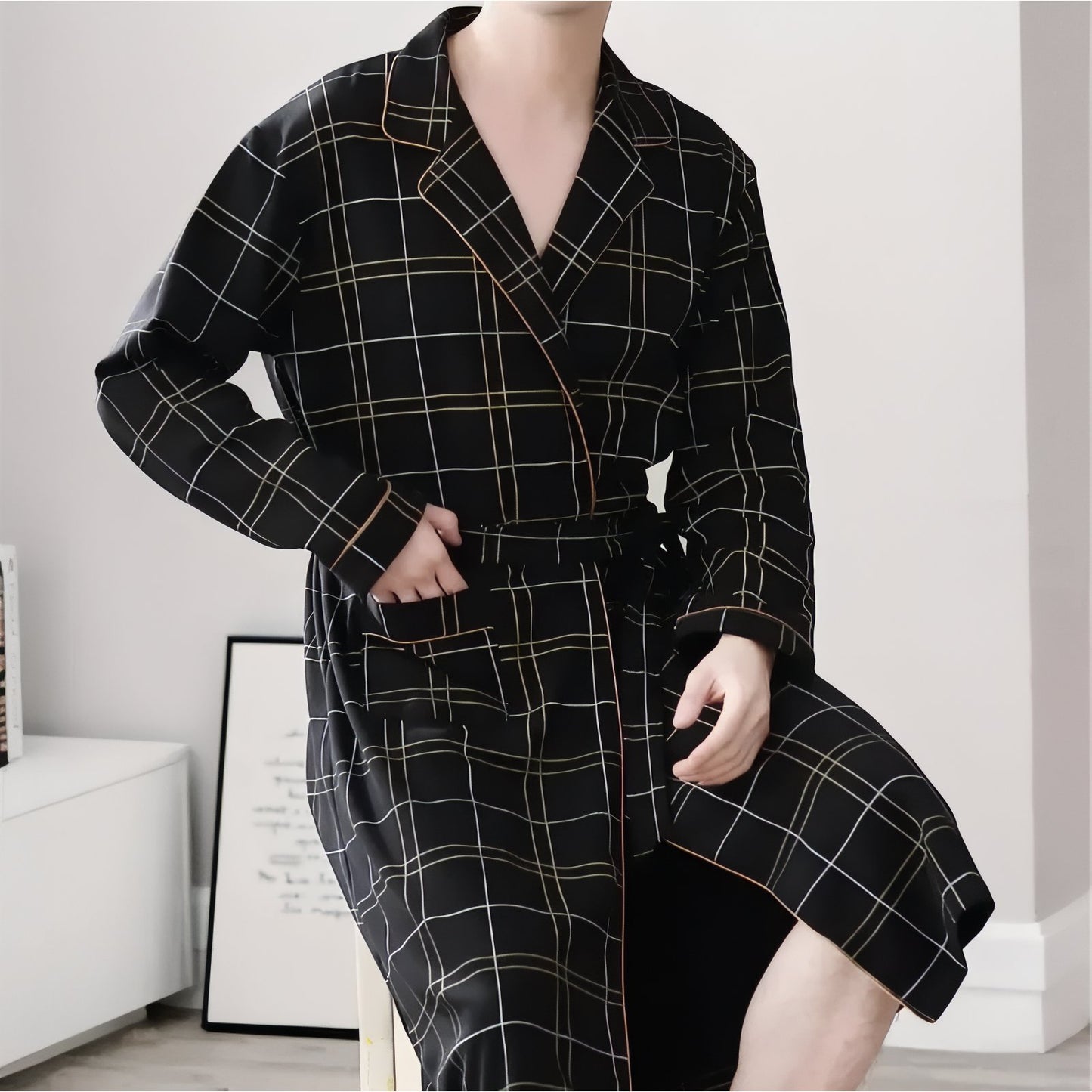 Peignoir Homme Coton Léger Noir et Jaune L