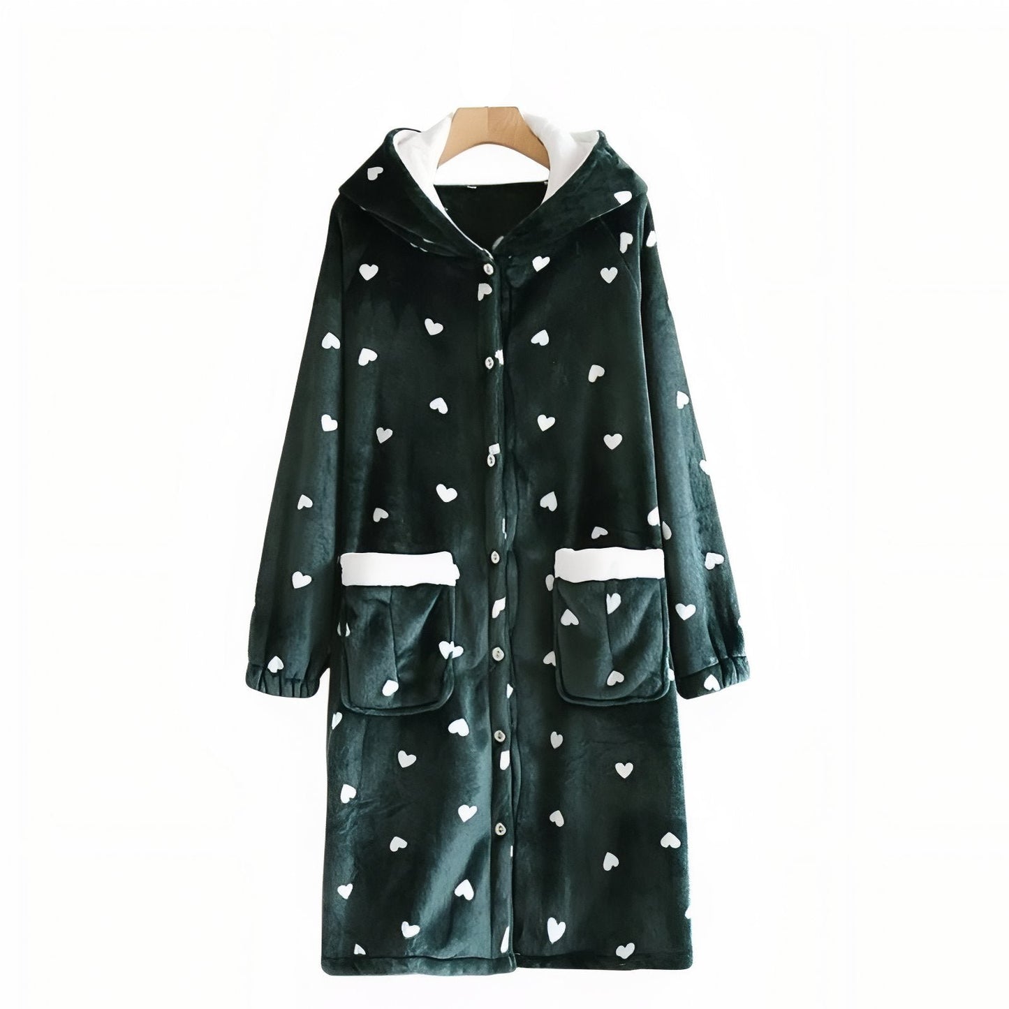 Robe de Chambre à Boutons Chaude Femme Vert Foncé et Blanc M