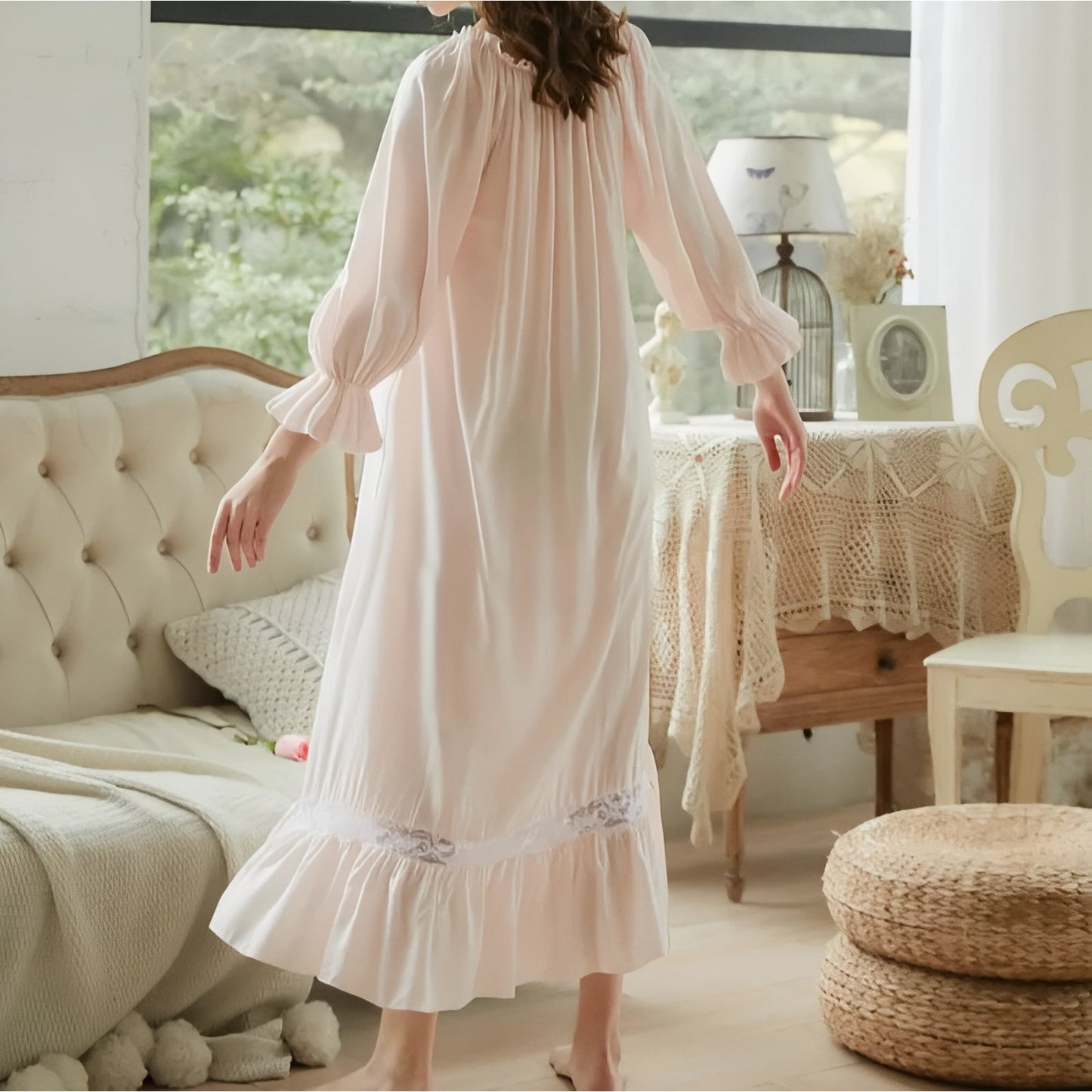 Chemise de Nuit Femme Coton Manches Longues Dentelle