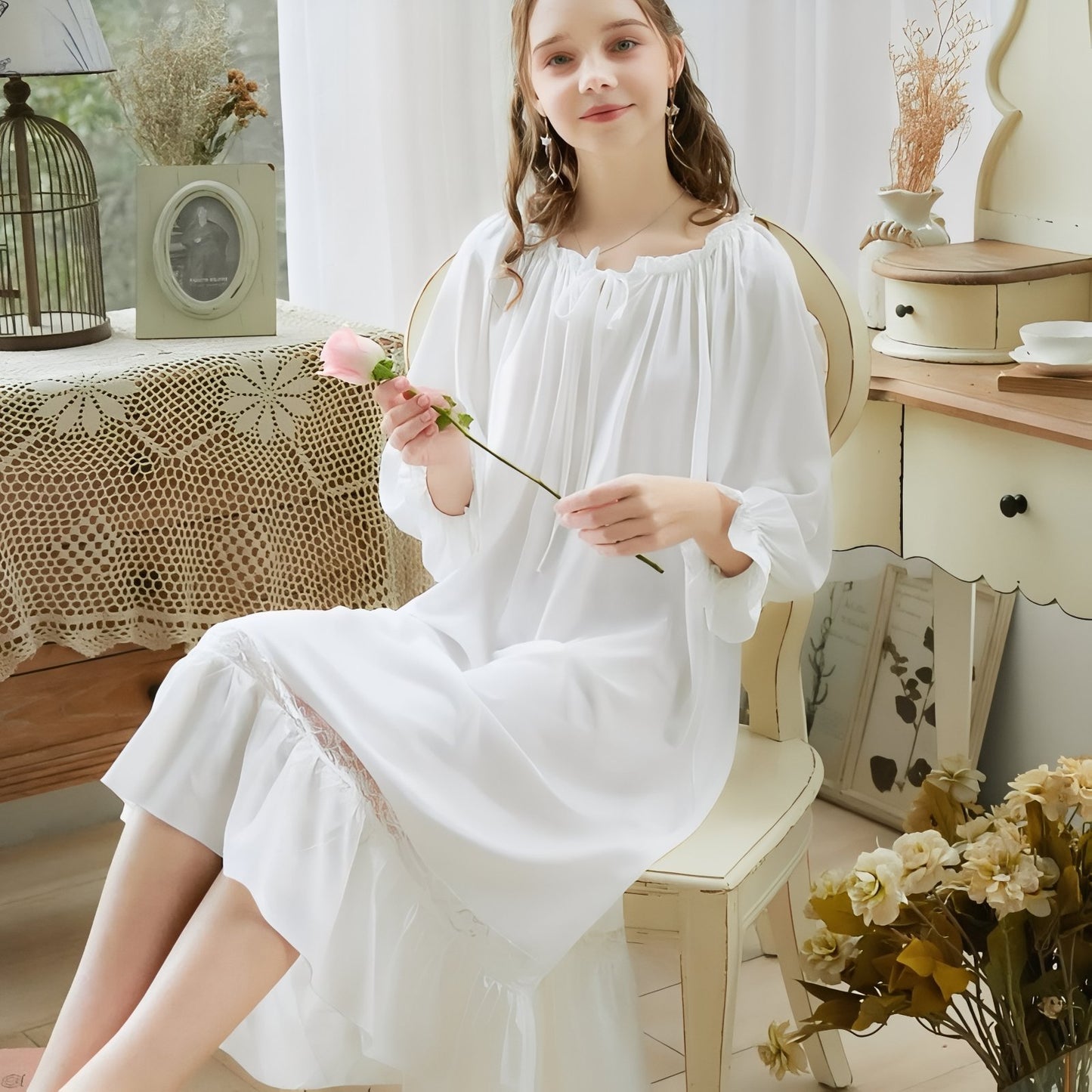 Chemise de Nuit Longue Elégante Blanc (Manches Longues) S