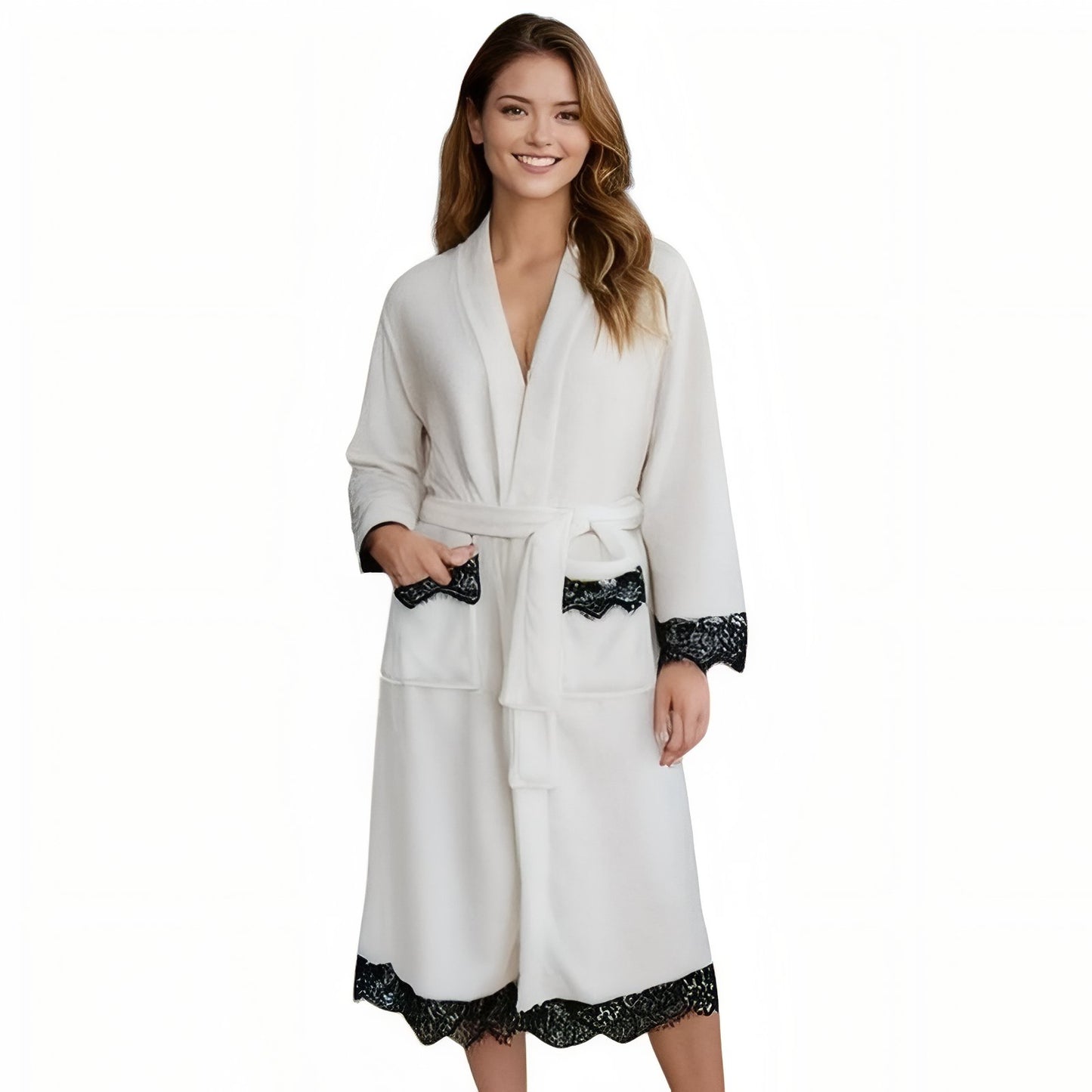 Peignoir de Bain Eponge Femme Court Blanc et Noir S