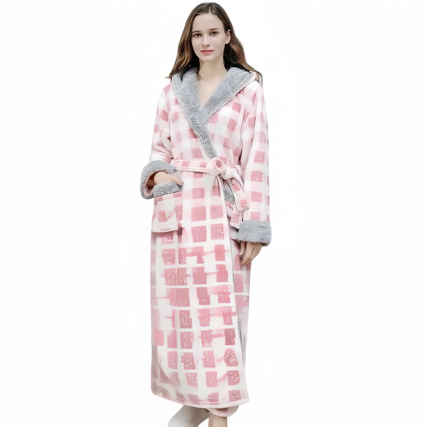 Peignoir de Bain Femme à Carreaux Rose et Gris M