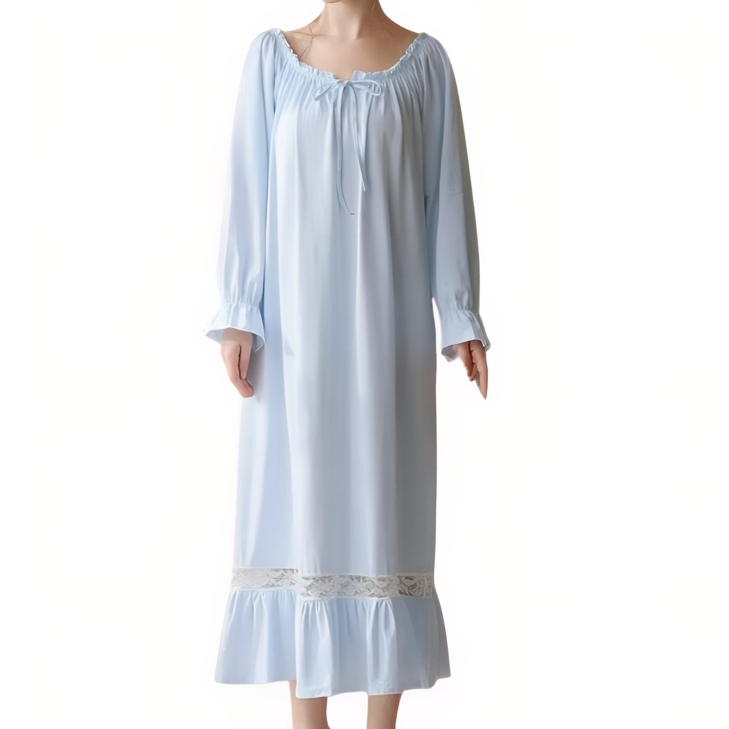 Chemise de Nuit Longue Elégante Bleu Clair (Manches Longues) S