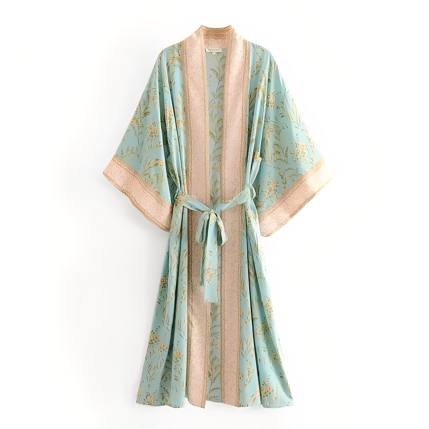 Boho Kimono Long Bleu Pâle et Beige S