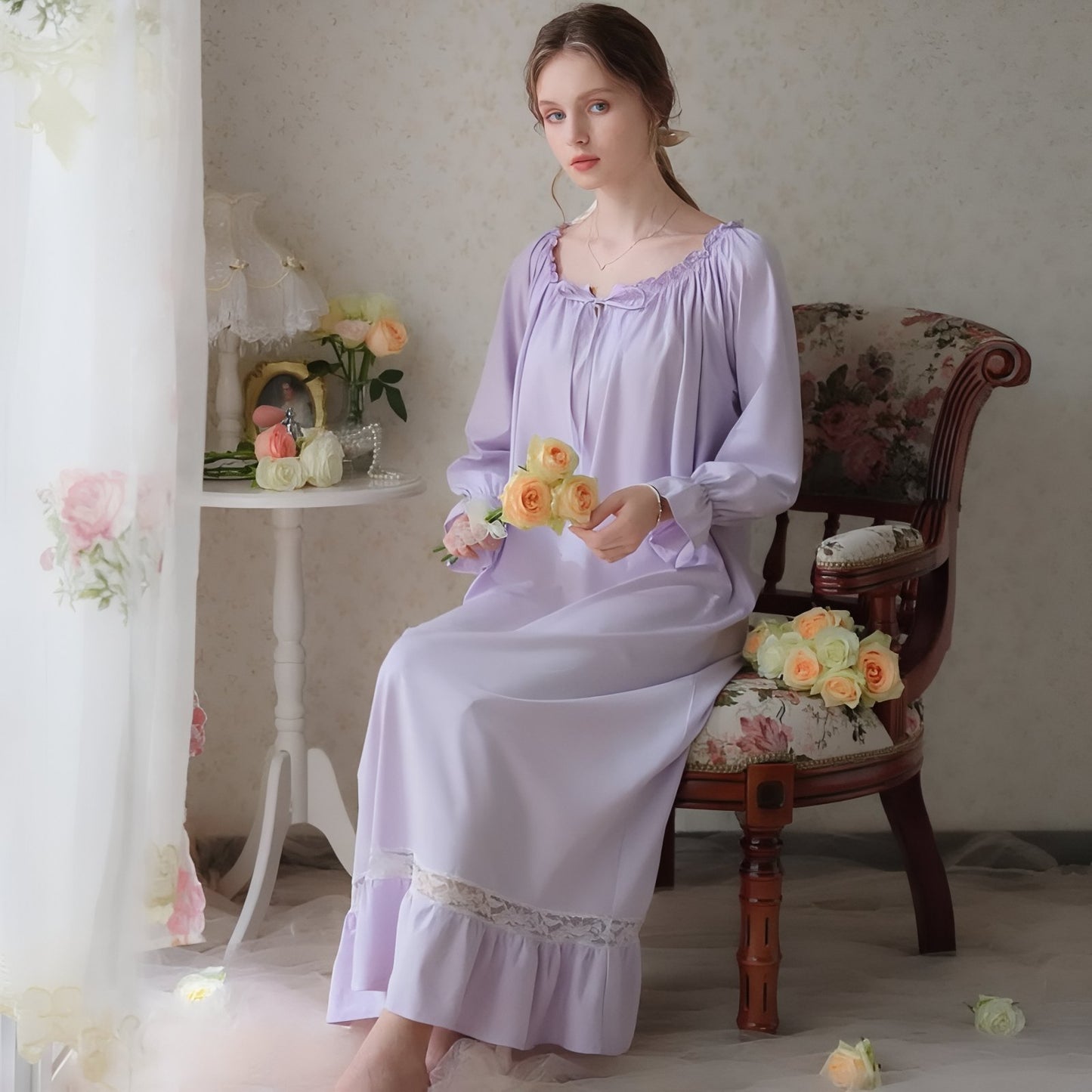 Chemise de Nuit Longue Elégante Violet (Manches Longues) S
