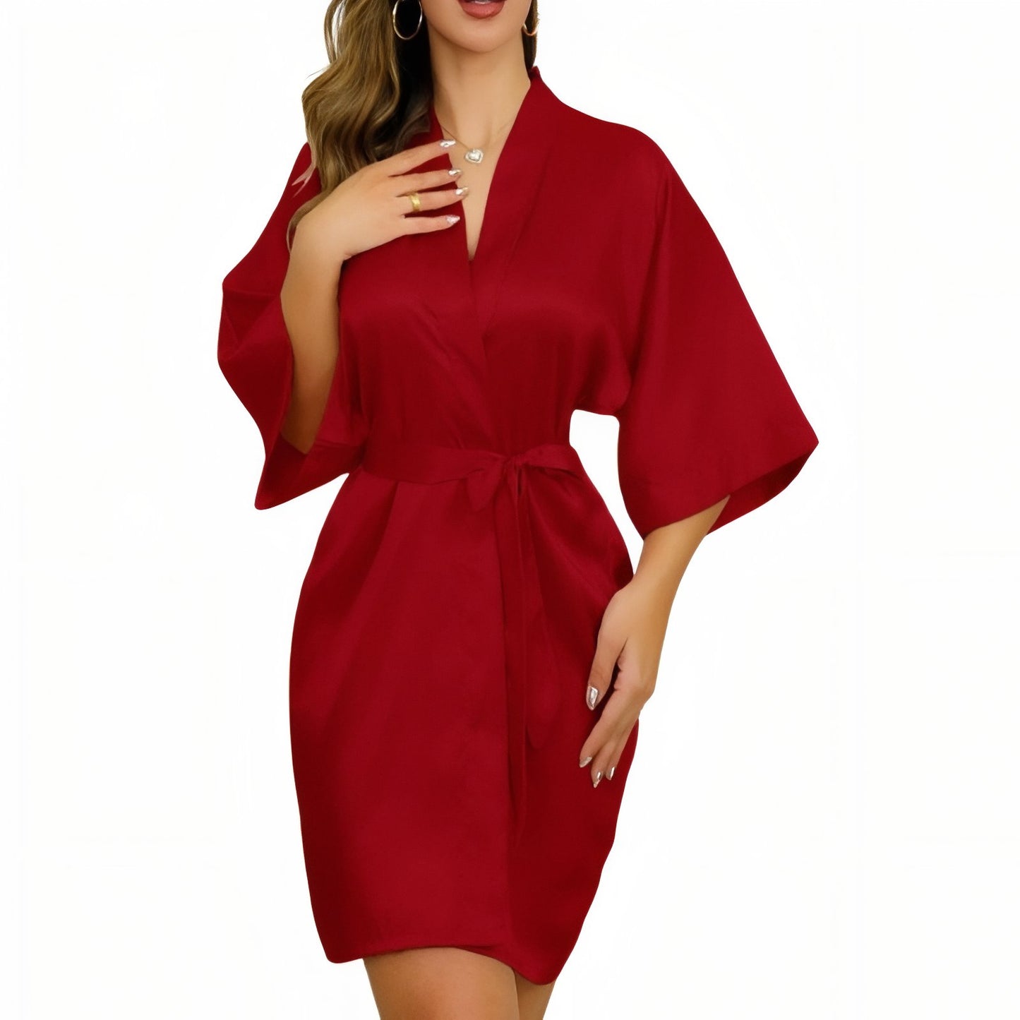 Peignoir Court Satin Femme Rouge S