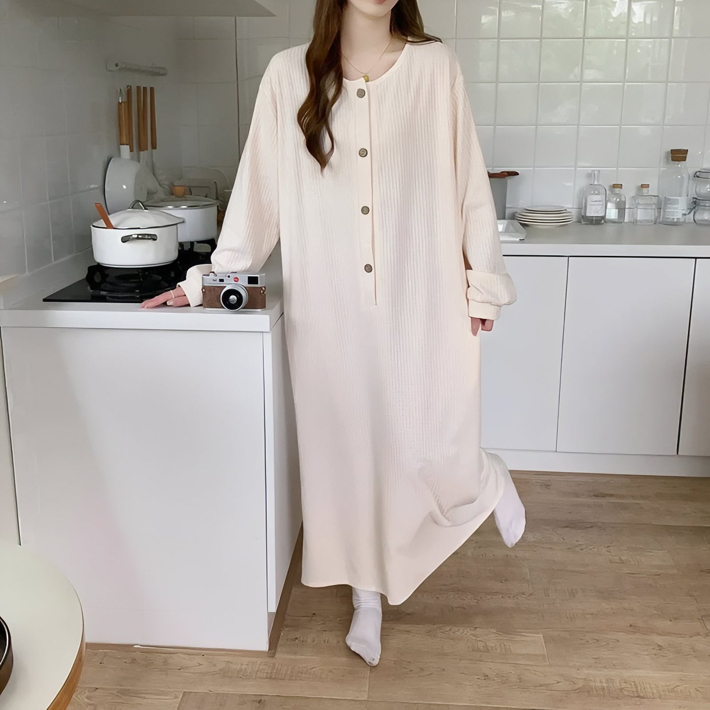 Chemise de Nuit Femme Manche Longue Coton Beige Clair M
