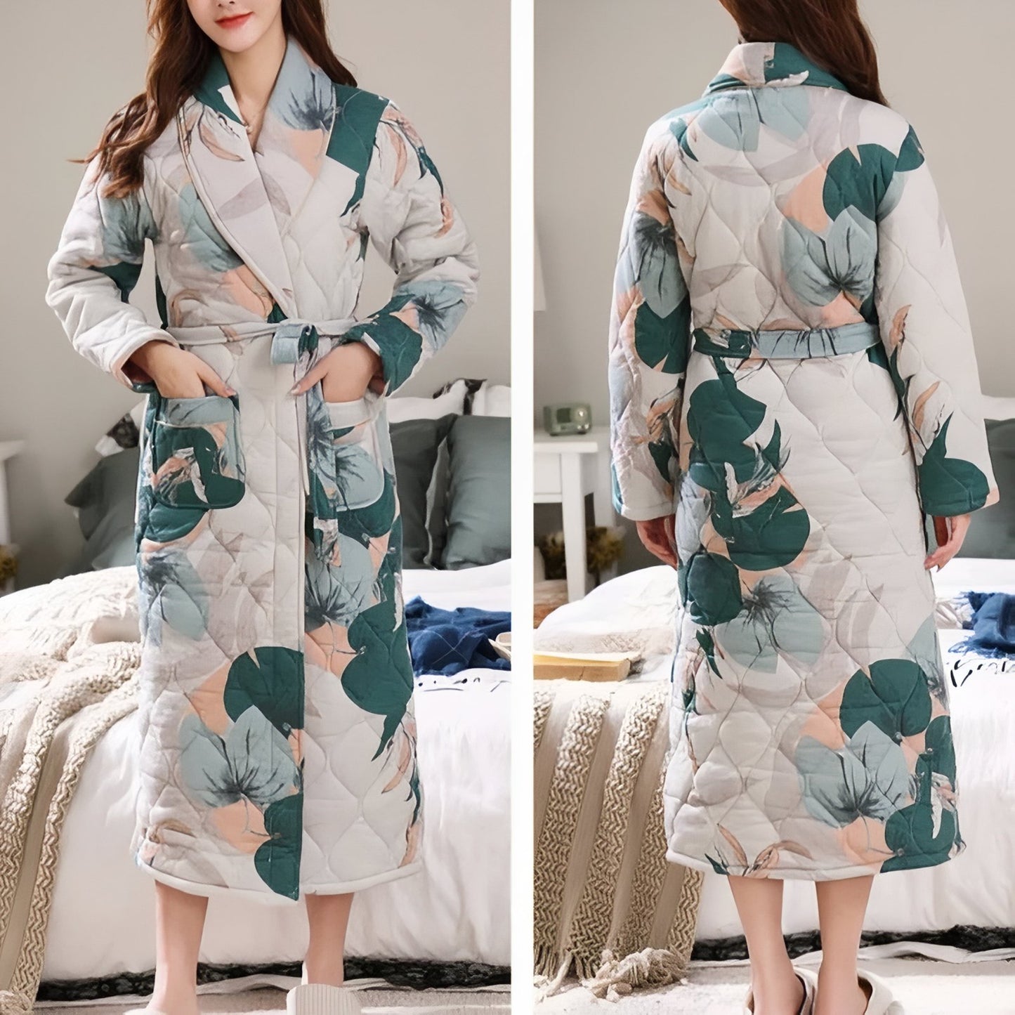 Robe de Chambre Longue Chaude pour Femme Matelassée Vert Émeraude et Beige Clair M