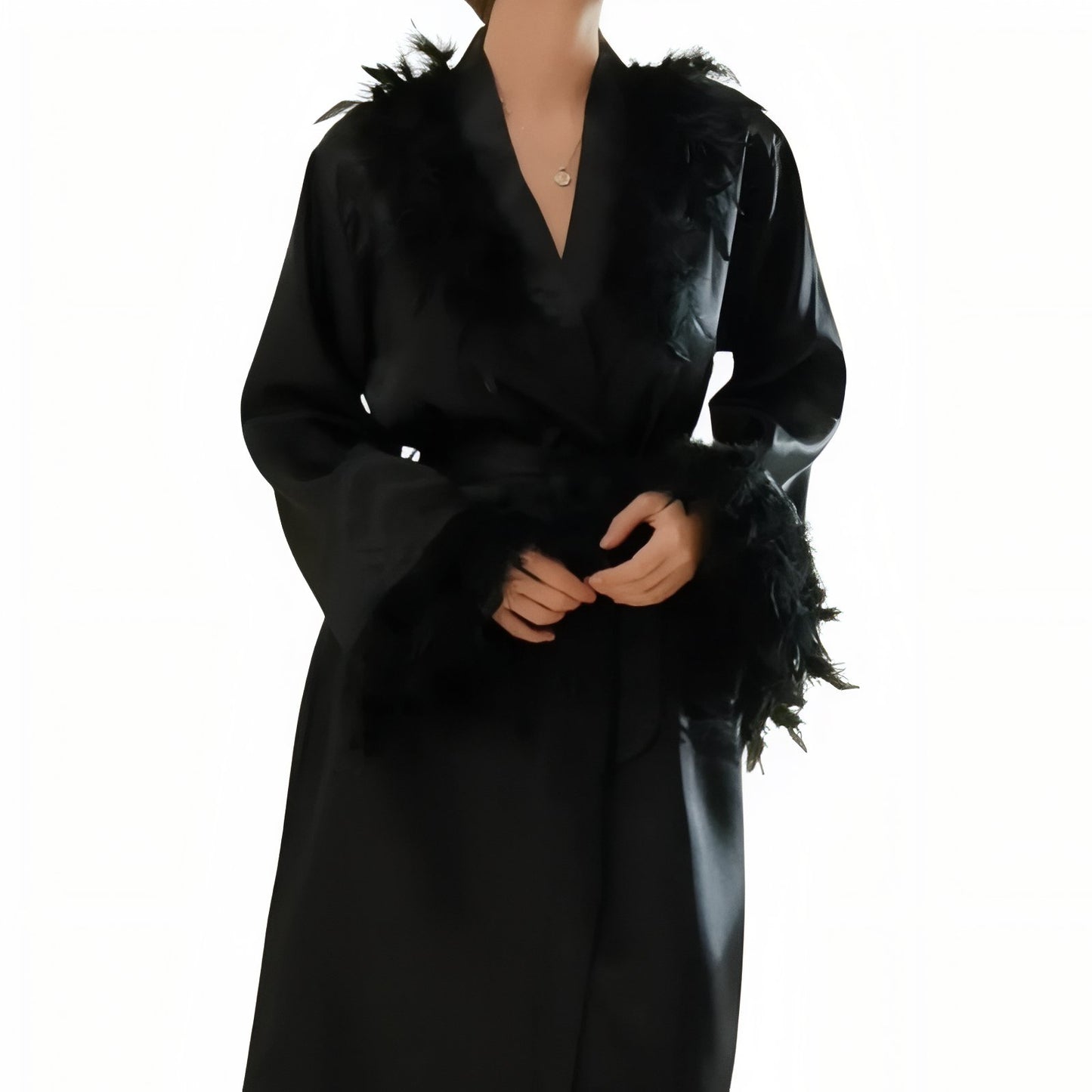 Peignoir Satin Plume Noir XL
