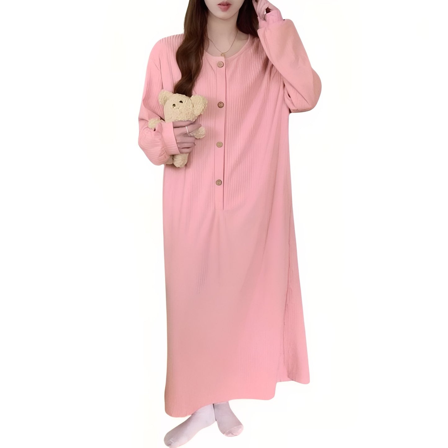 Chemise de Nuit Femme Manche Longue Coton Rose Pâle M