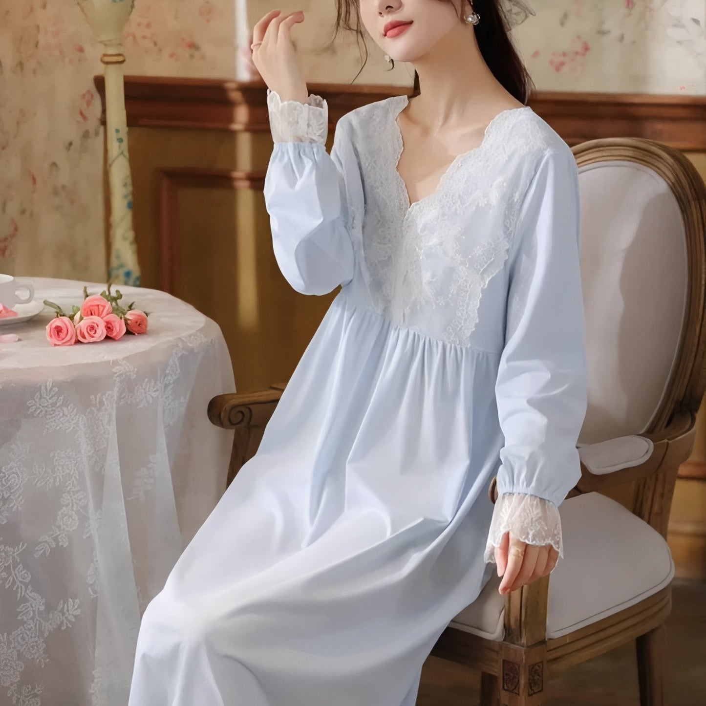 Robe de Nuit Dentelle Longue Bleu Pâle M