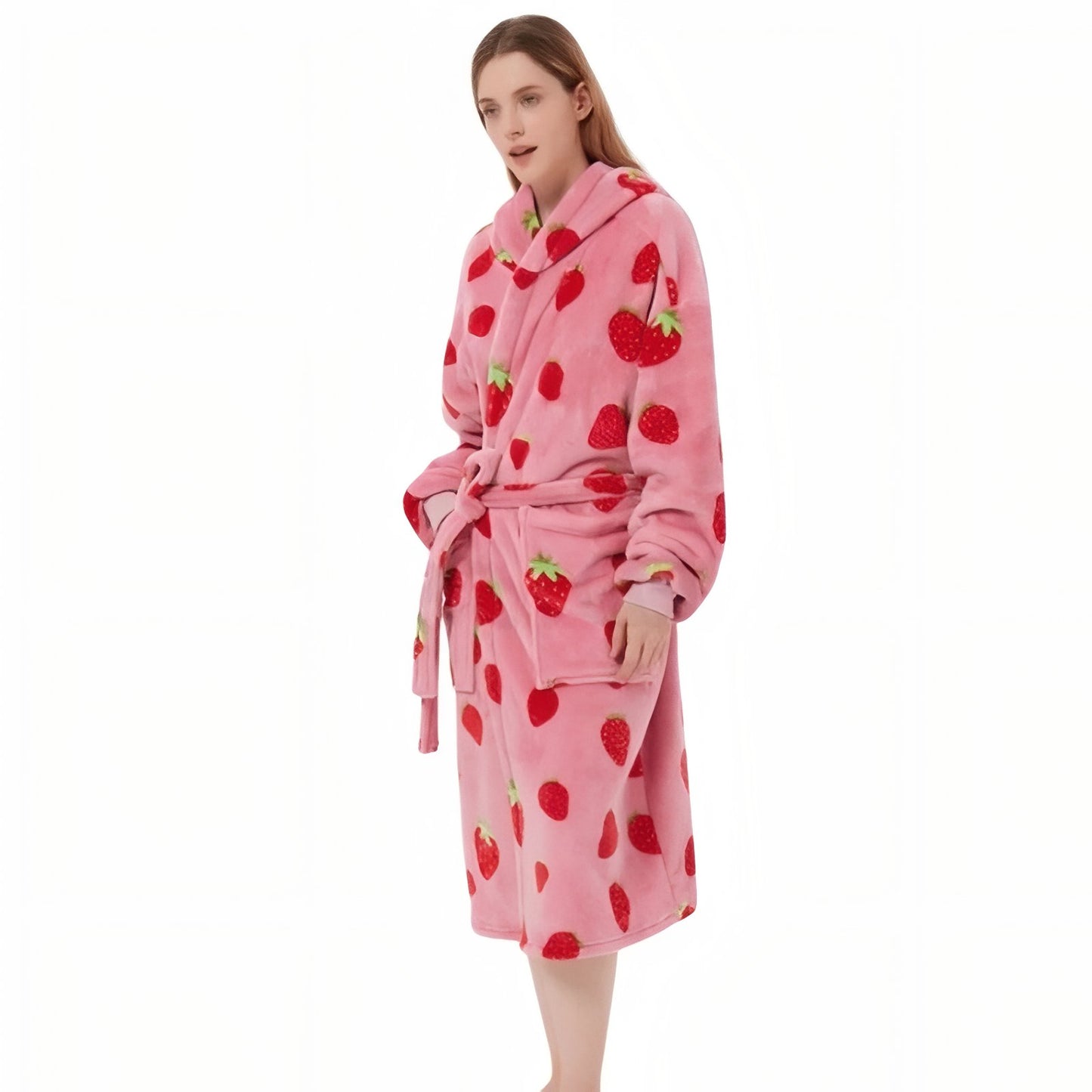 Robe de Chambre Femme Polaire Imprimée Fraise Rose et Fraises Taille Unique