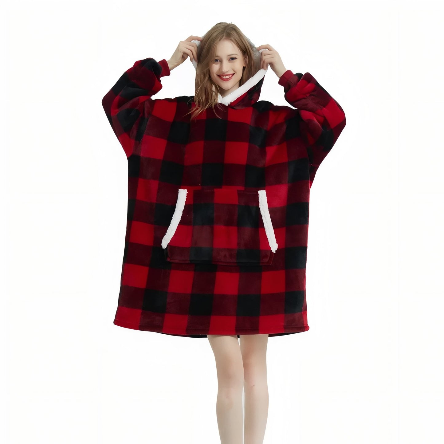 Sweat à Capuche Polaire Femme Rouge Écossais et Noir