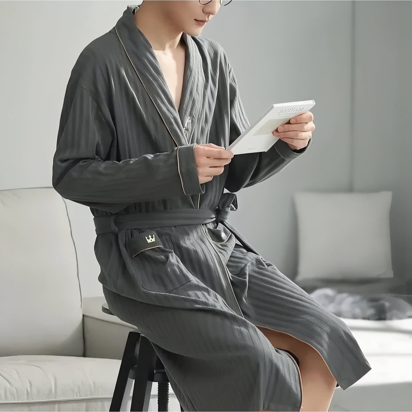 Peignoir Homme Coton Léger Gris Rayé L
