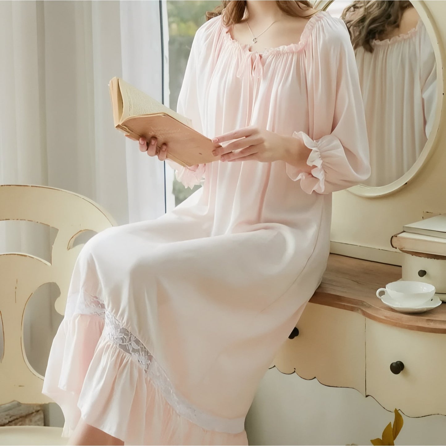 Chemise de Nuit Femme Coton Manches Longues Dentelle