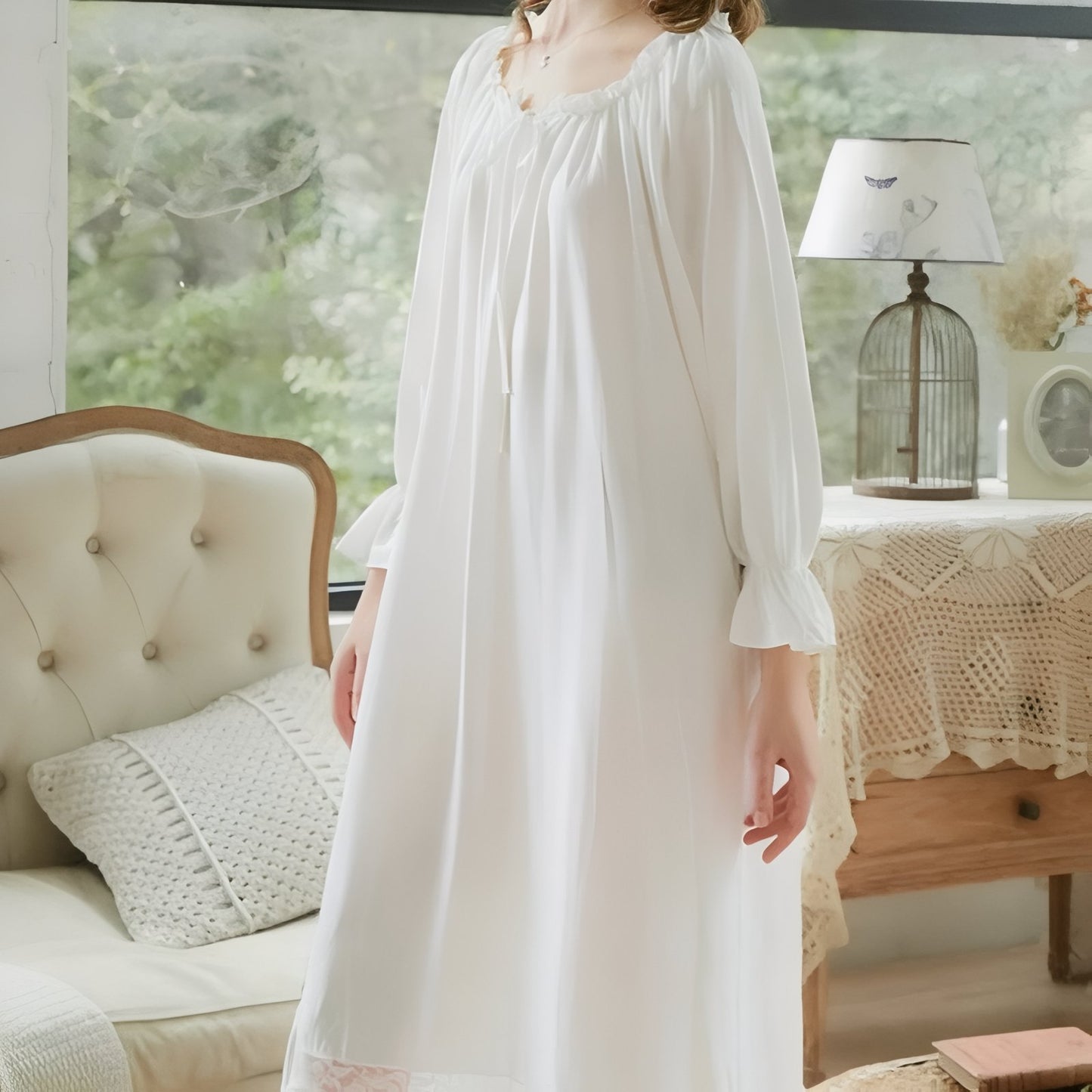 Chemise de Nuit Femme Coton Manches Longues Dentelle