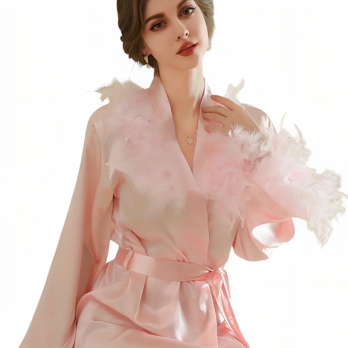 Peignoir Satin Plume Rose Pâle XL