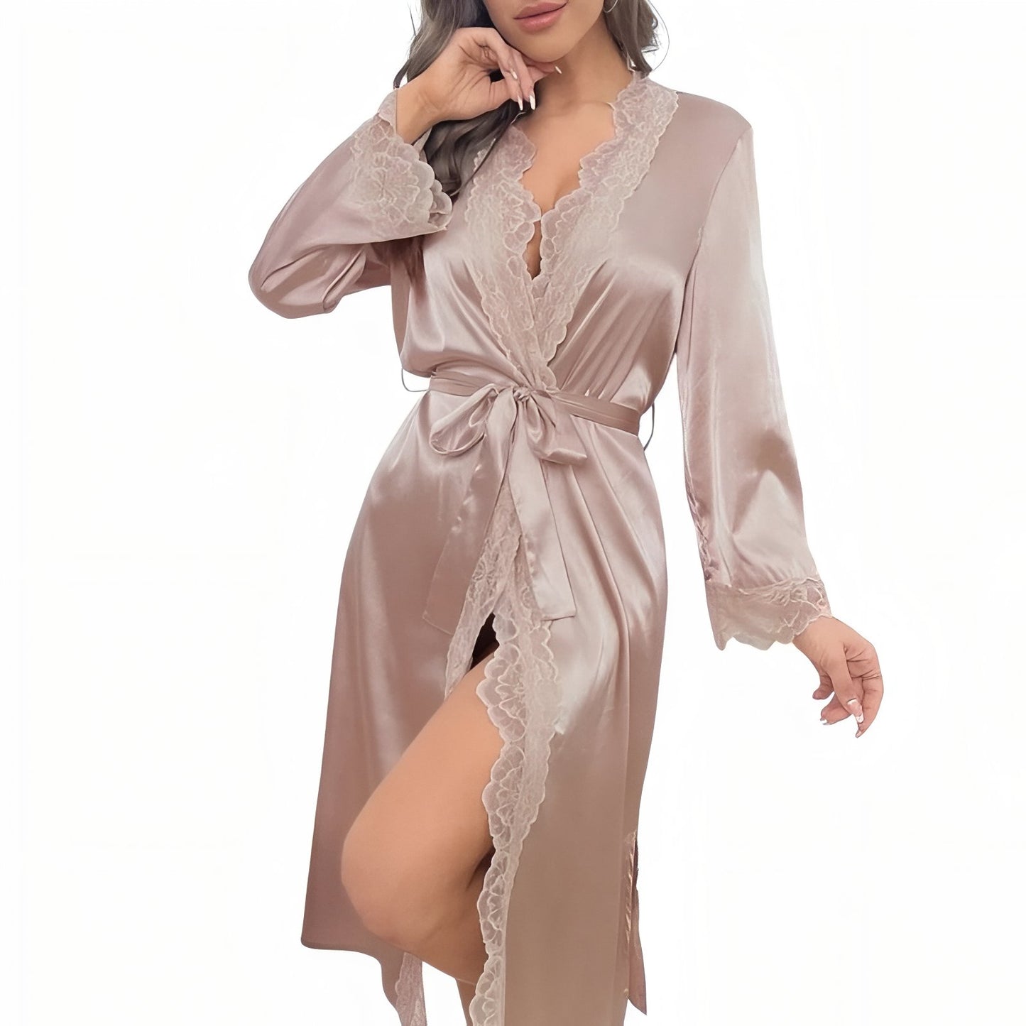 Kimono Dentelle Femme Beige Satiné S