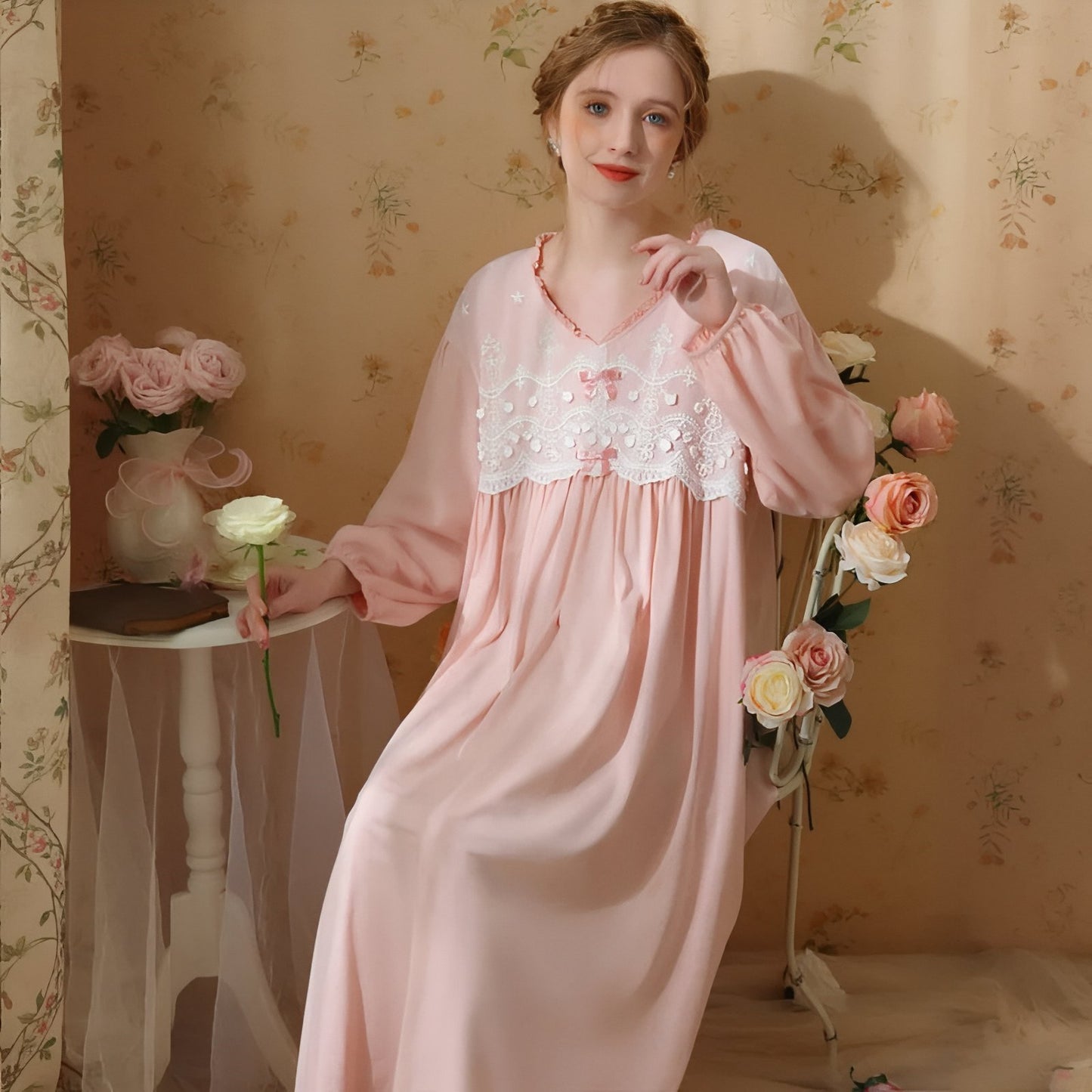 Chemise de Nuit Hiver Femme Dentelle Rose Pâle M