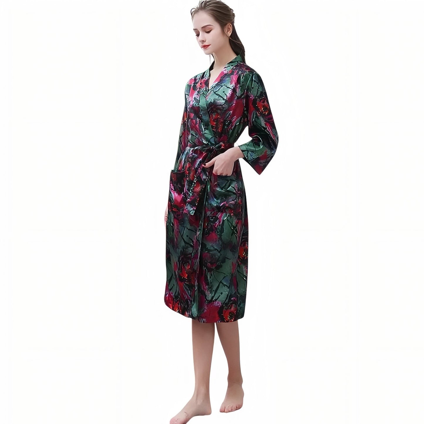 Peignoir Léger Duo Couple Rouge Foncé et Vert Émeraude (Femme) M