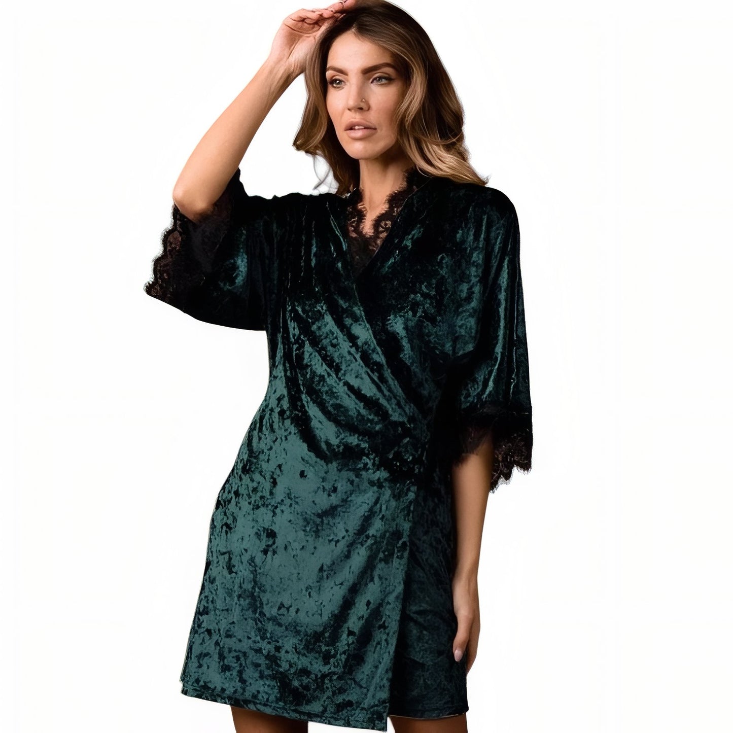 Peignoir Velours et Dentelle Vert Émeraude S