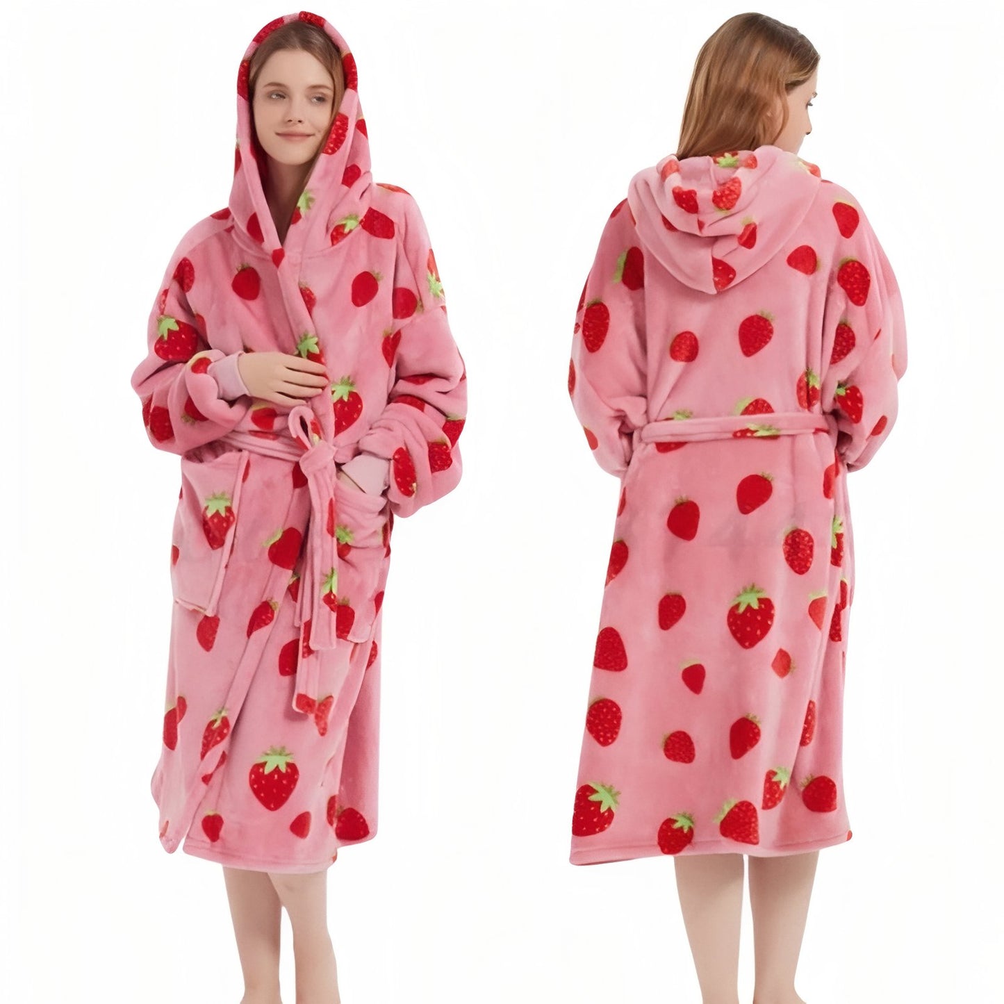 Robe de Chambre Femme Polaire Imprimée Fraise Rose et Fraises Taille Unique