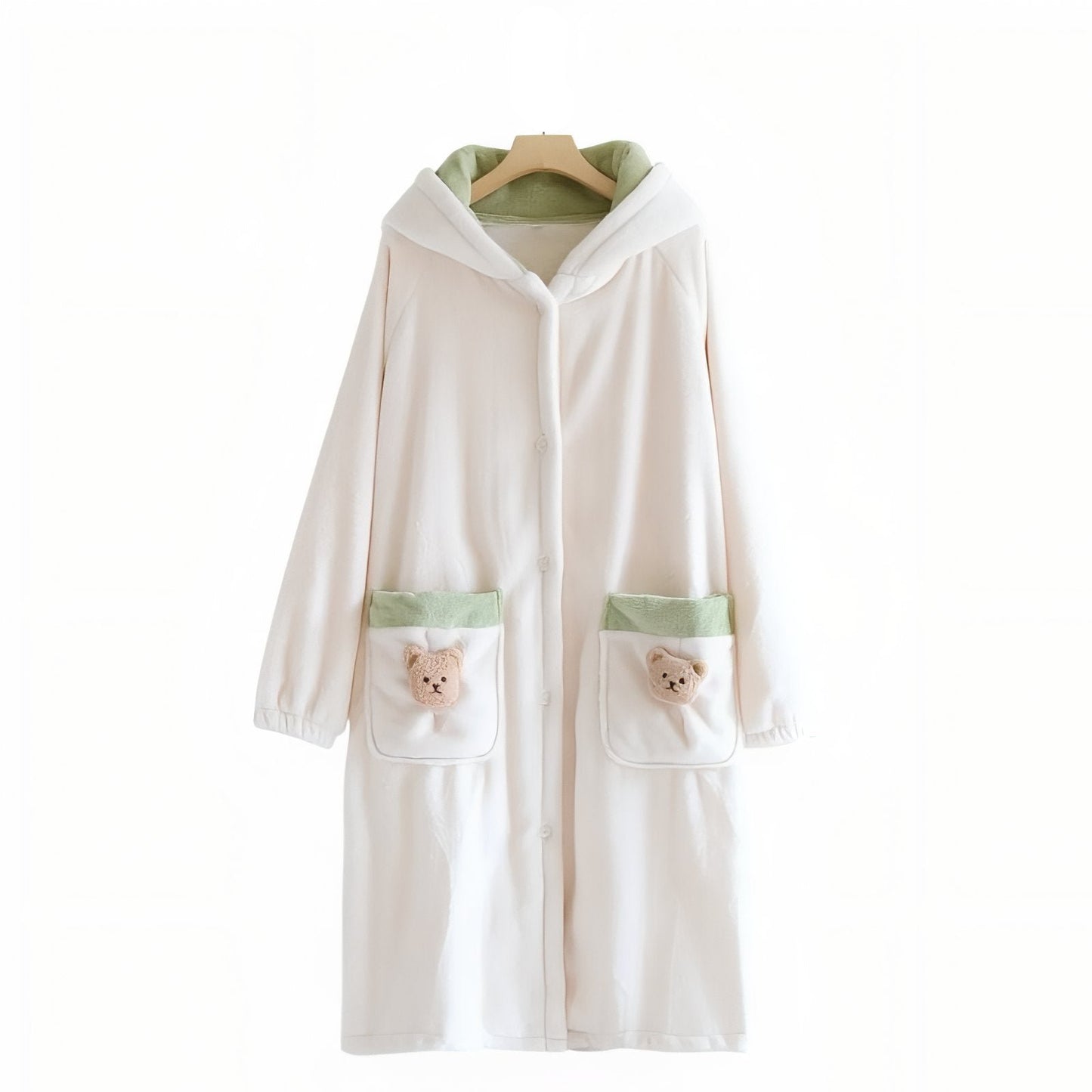 Robe de Chambre à Boutons Chaude Femme Beige et Vert M