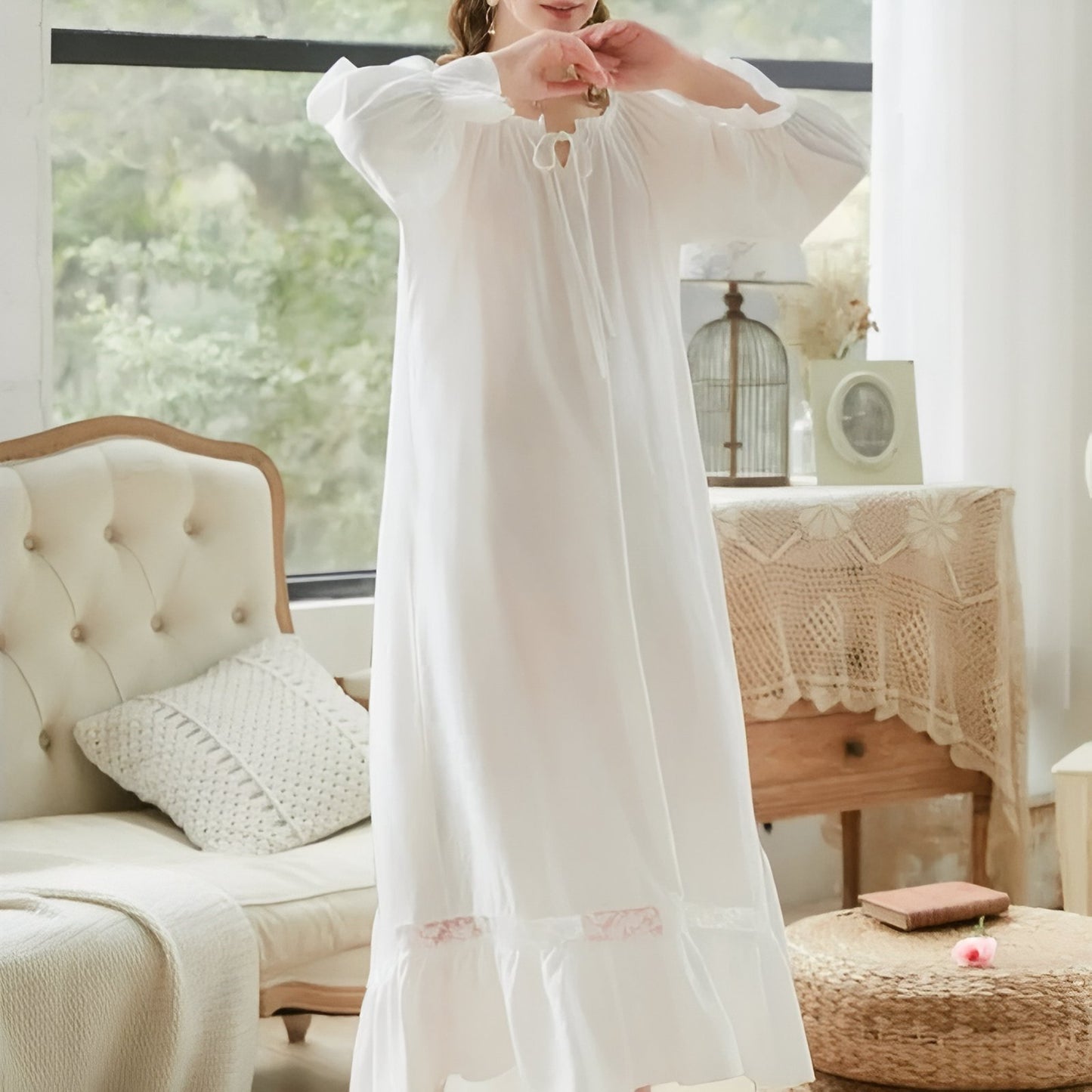 Chemise de Nuit Femme Coton Manches Longues Dentelle