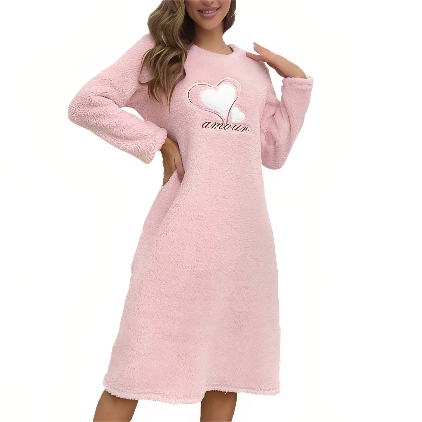 Chemise de Nuit Chaude Polaire Rose Poudré S
