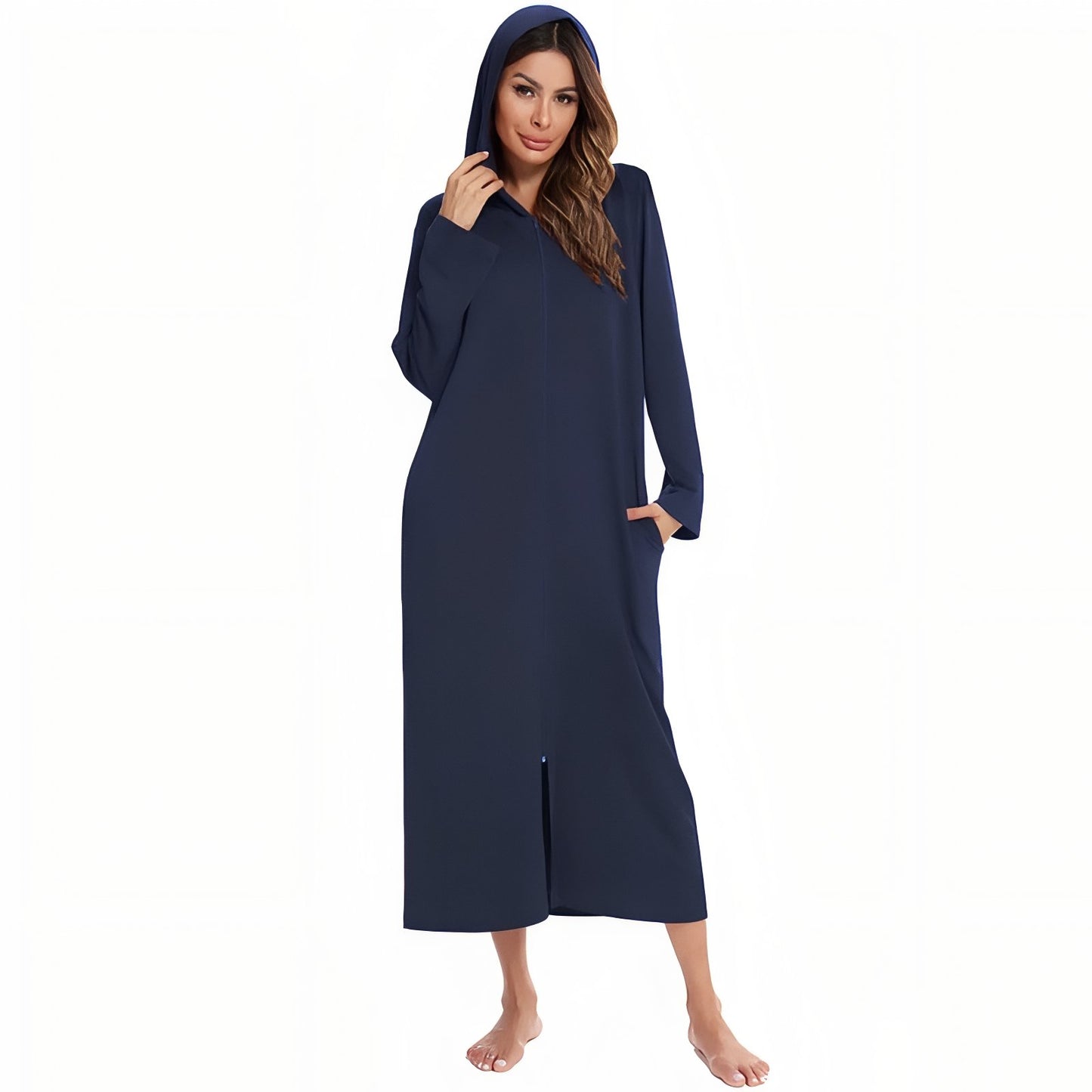 Peignoir avec Capuche et Fermeture Eclair Femme Bleu Marine S