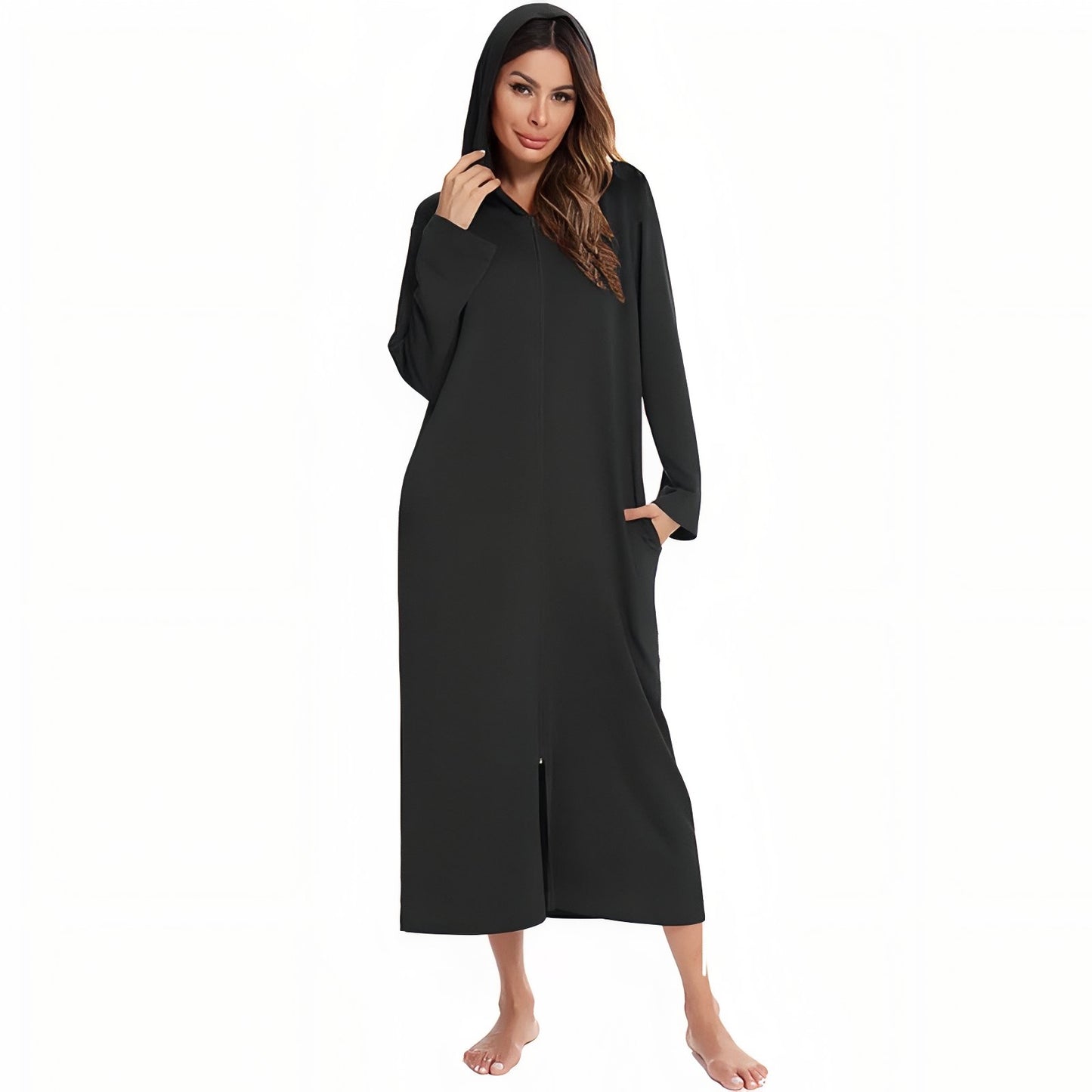 Peignoir avec Capuche et Fermeture Eclair Femme Noir S