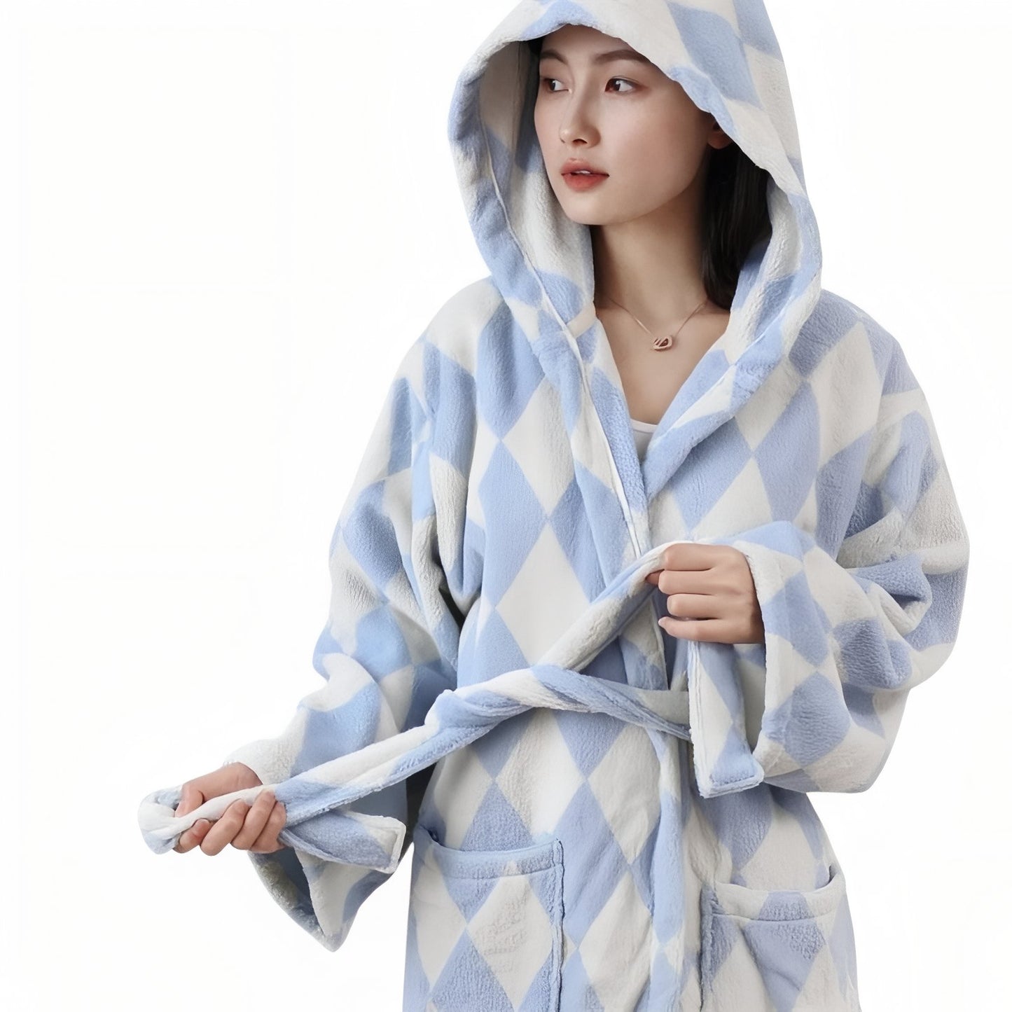 Robe de Chambre Femme Hiver Luxe Bleu Pastel et Losanges Taille Unique