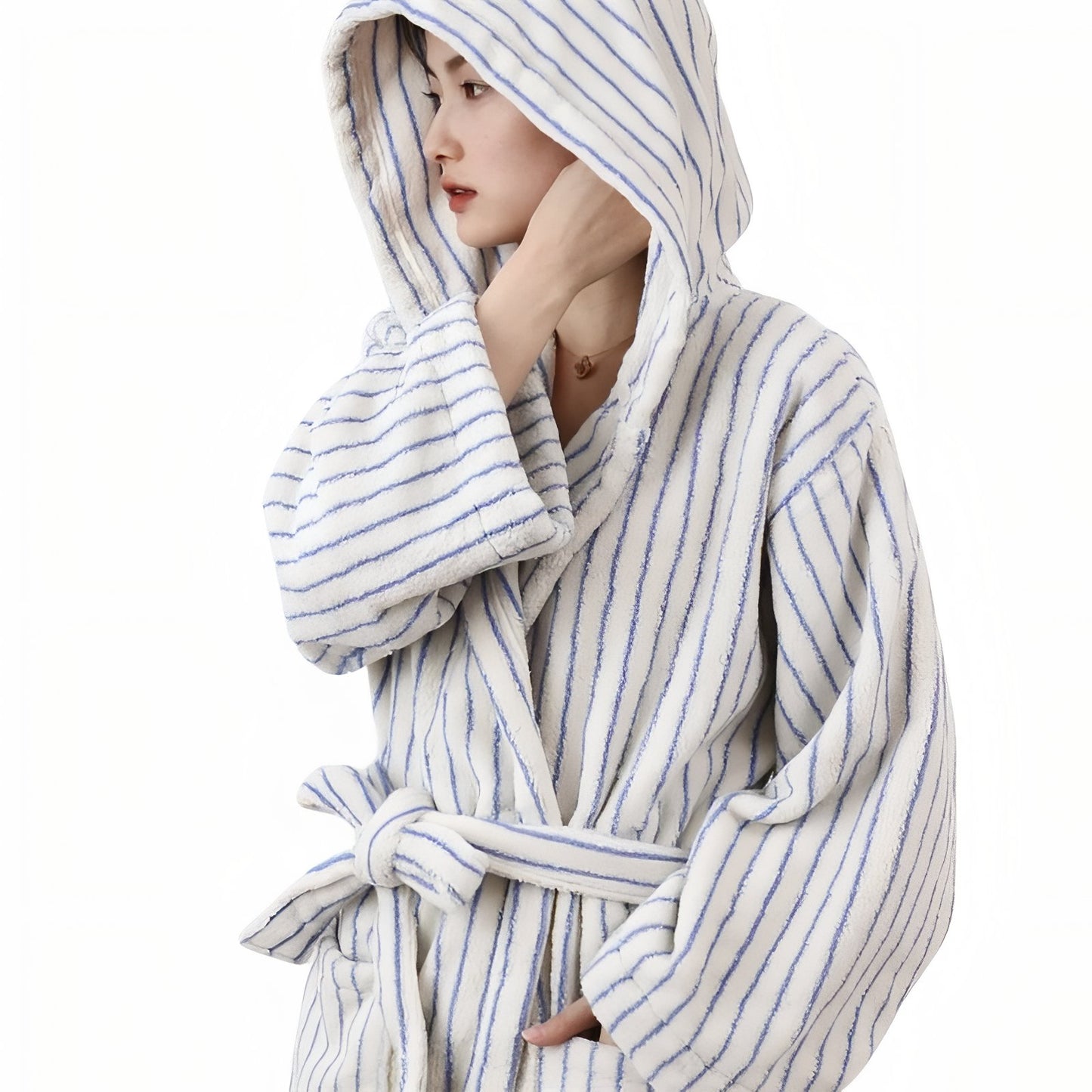 Robe de Chambre Femme Hiver Luxe Blanc Rayé Taille Unique
