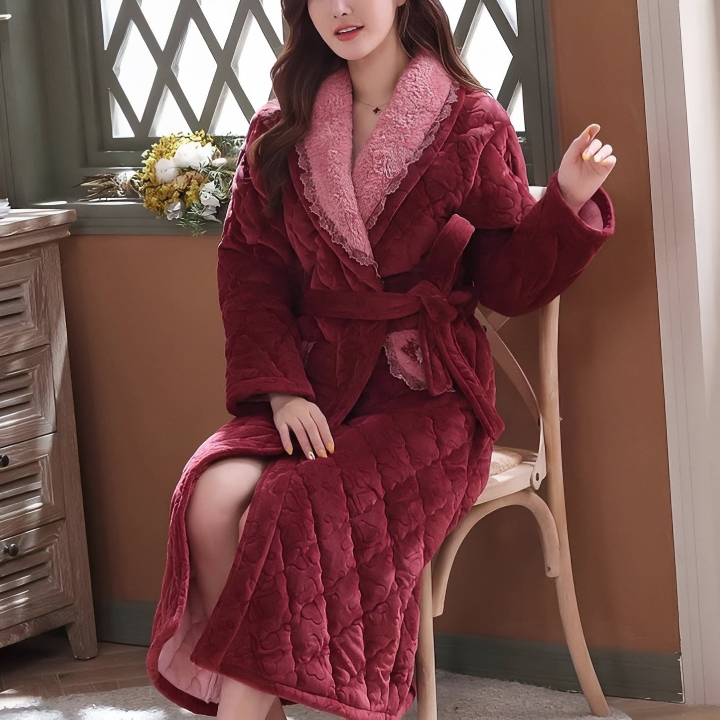 Peignoir Matelassé Femme Bordeaux et Rose M