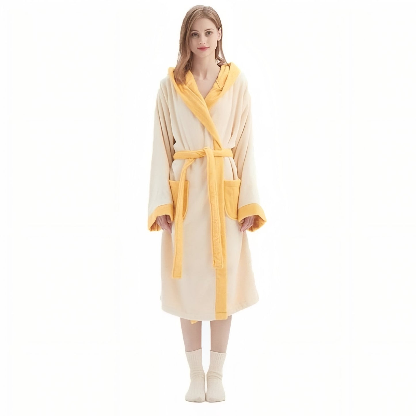 Robe de Chambre Eponge Femme Beige et Jaune Taille Unique