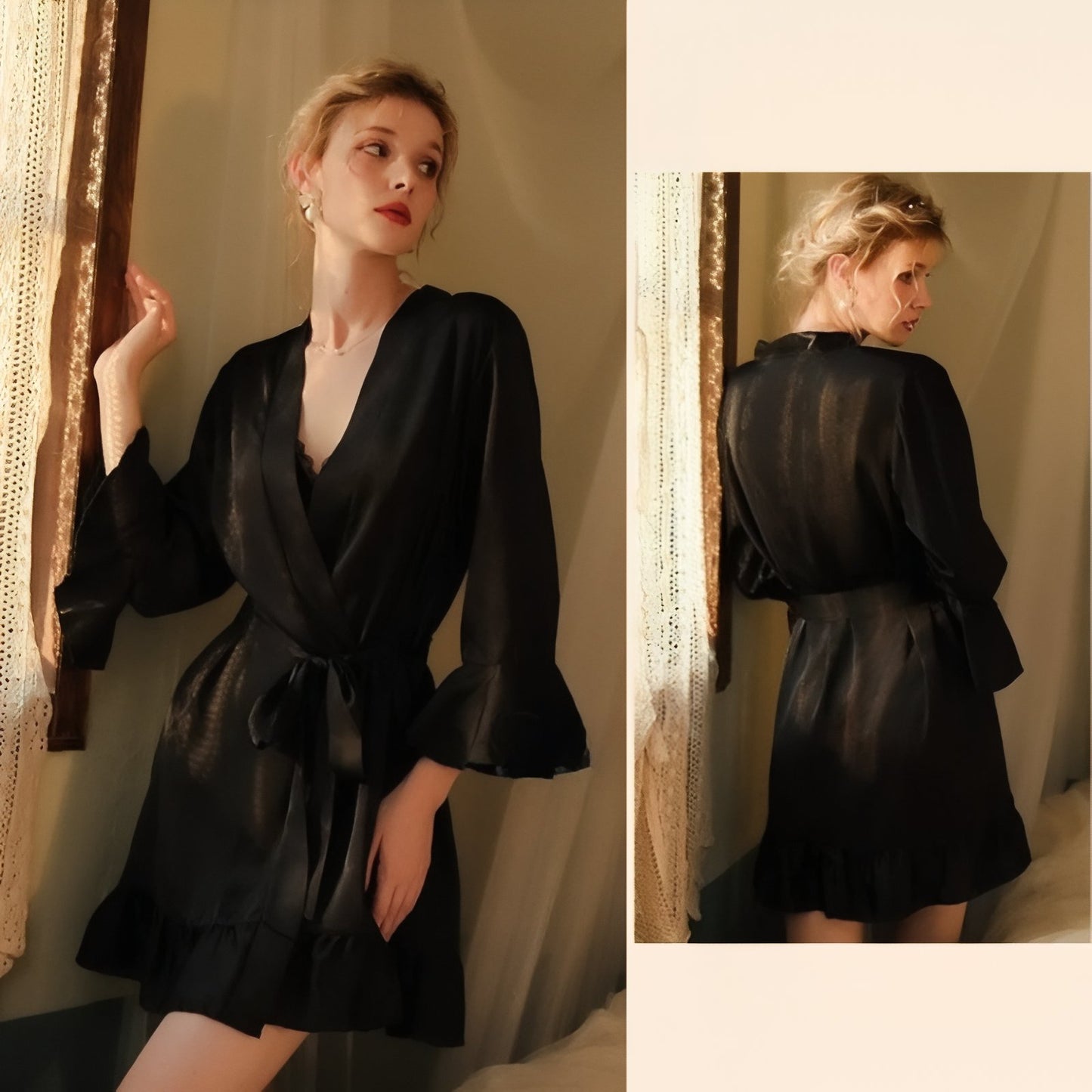 Kimono Femme Chic Noir Satiné S