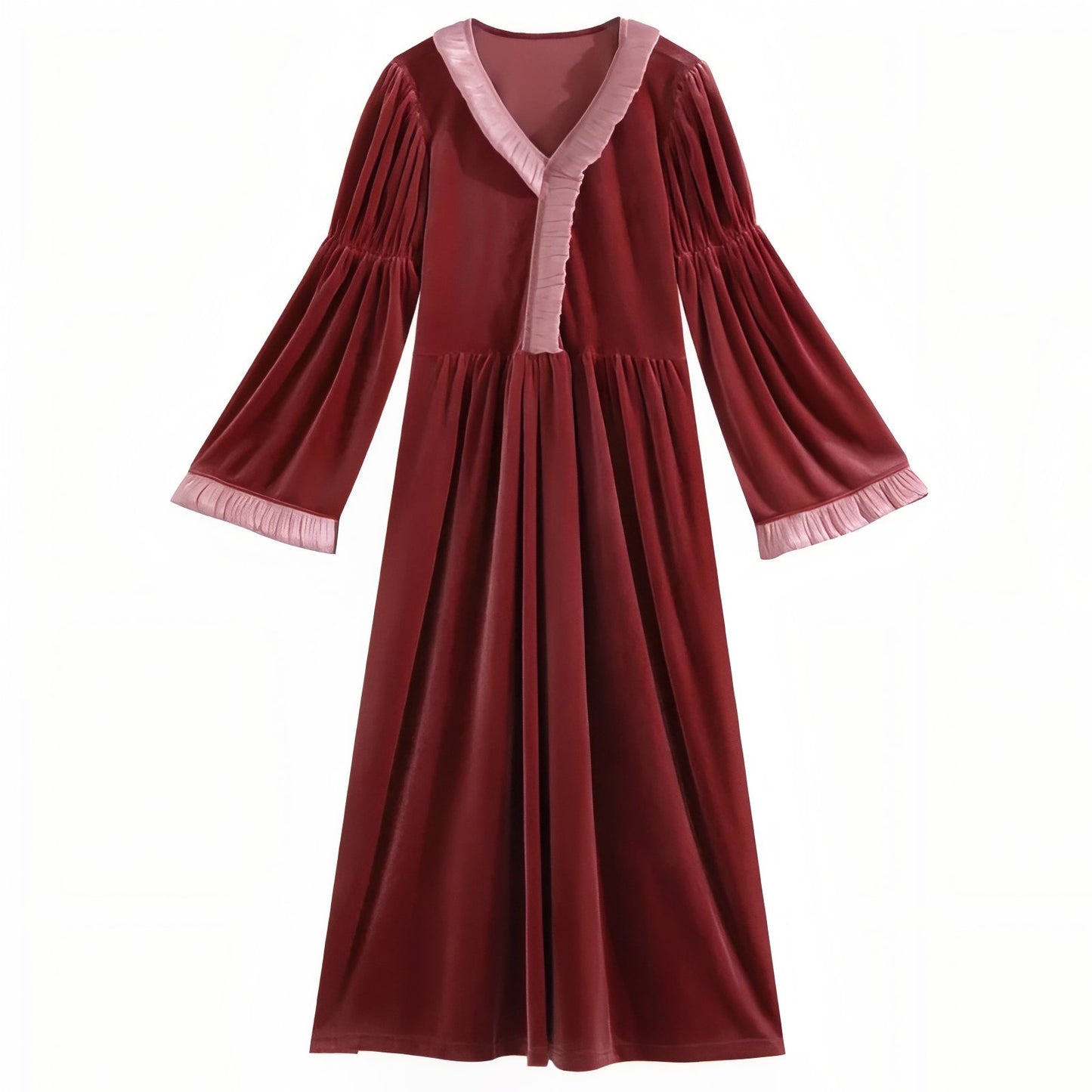 Chemise de Nuit Velours Manches Longues Bordeaux et Rose Poudré M