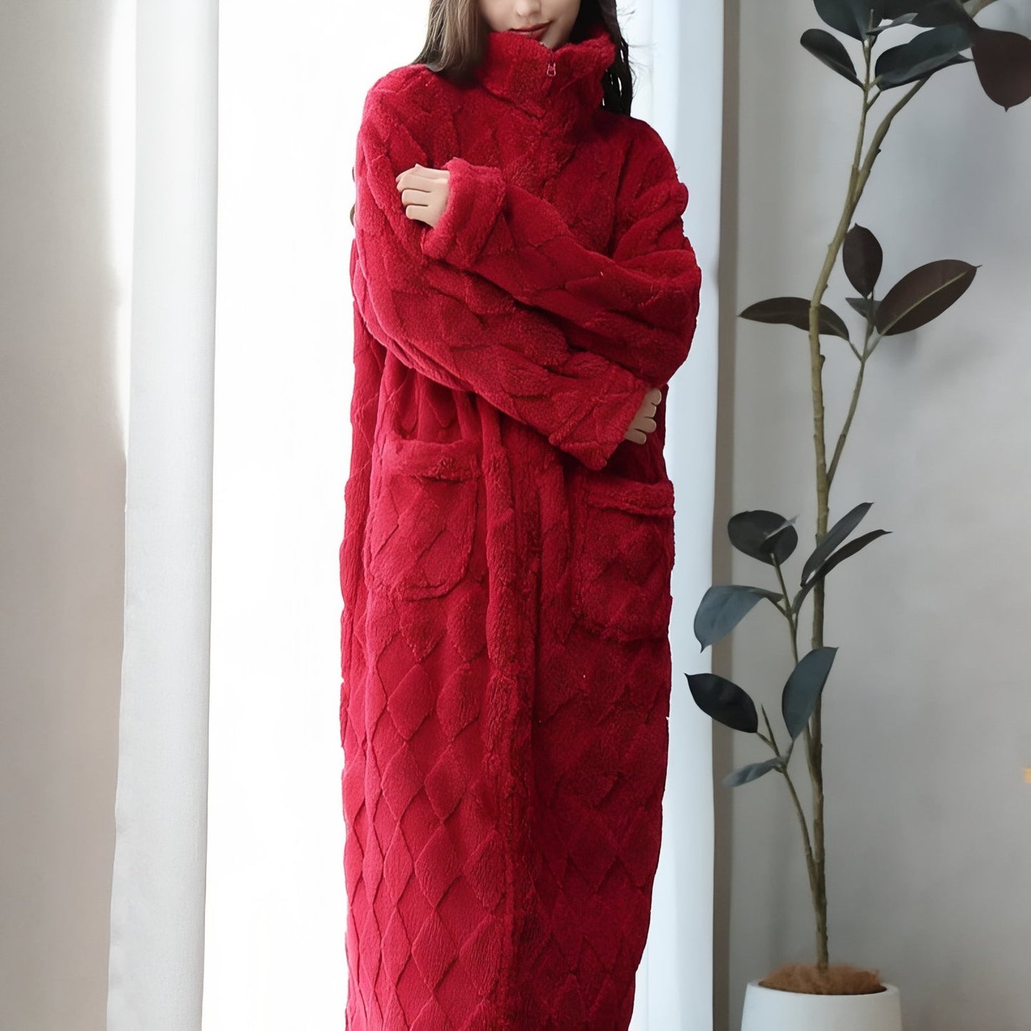 Robe De Chambre Polaire Femme avec Fermeture Eclair Rouge M