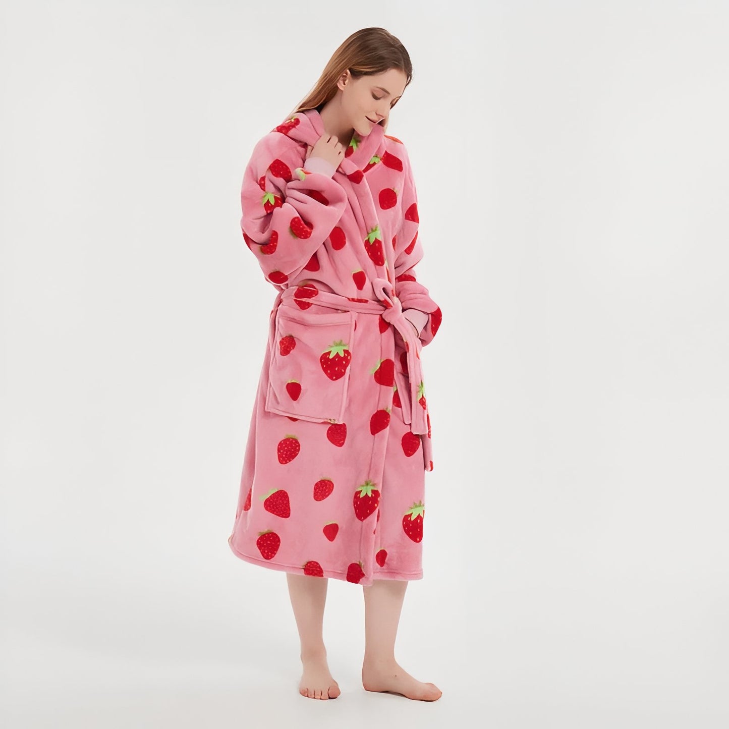 Robe de Chambre Femme Polaire Imprimée Fraise Rose et Fraises Taille Unique