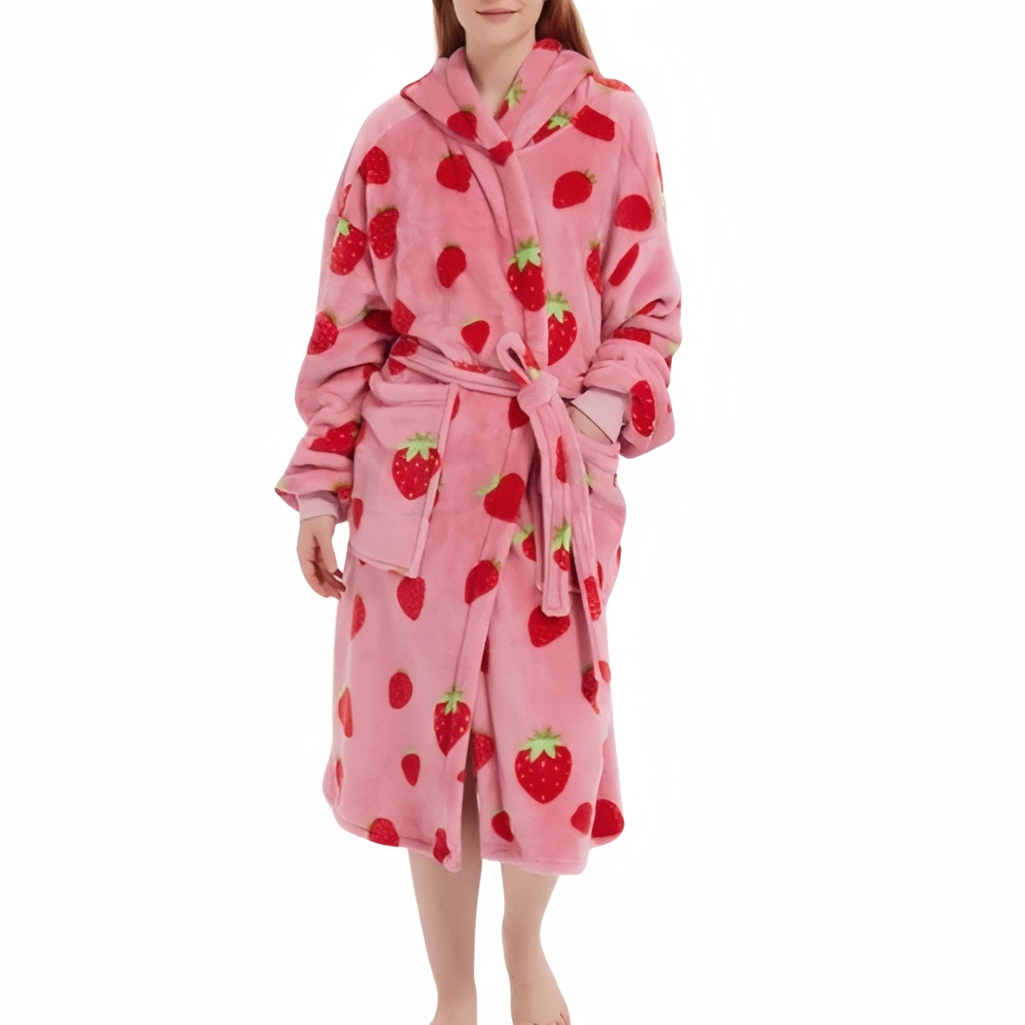 Robe de Chambre Femme Polaire Imprimée Fraise Rose et Fraises Taille Unique