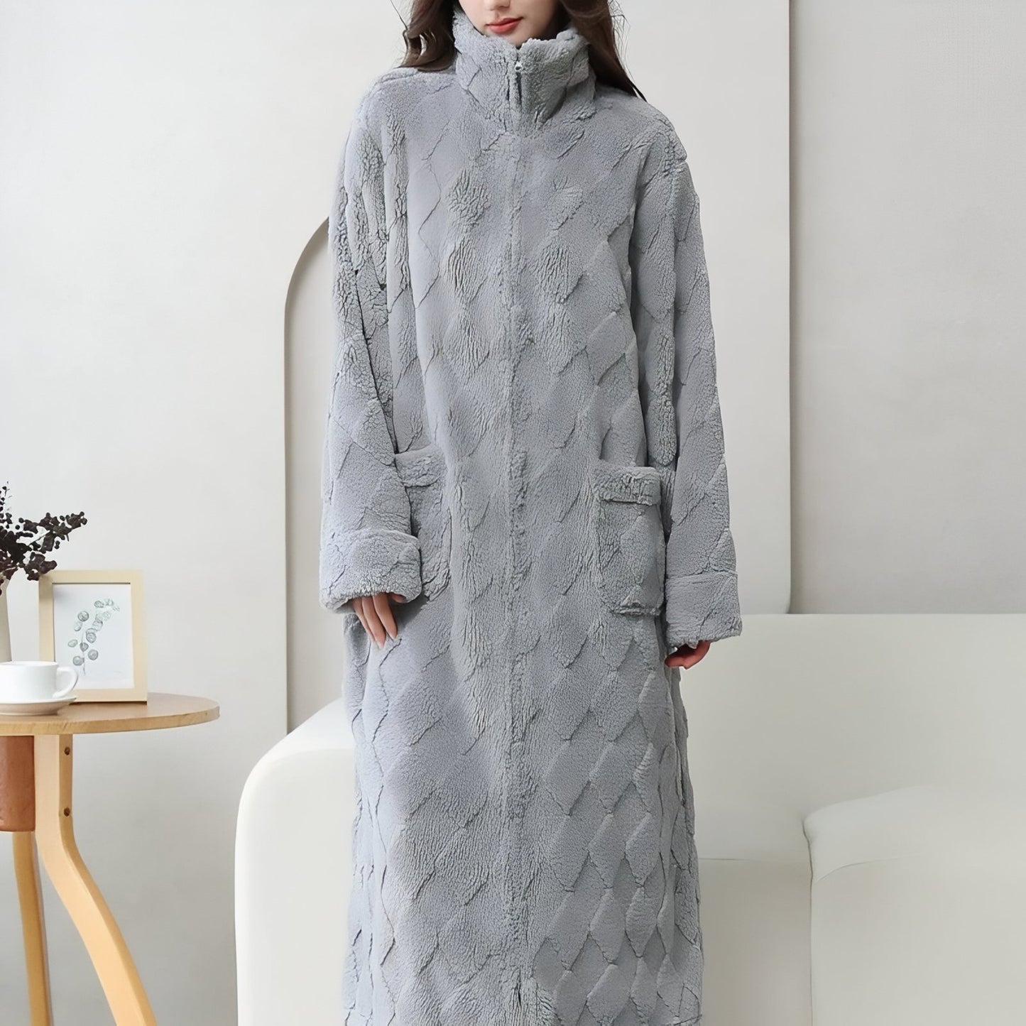 Robe De Chambre Polaire Femme avec Fermeture Eclair Gris M