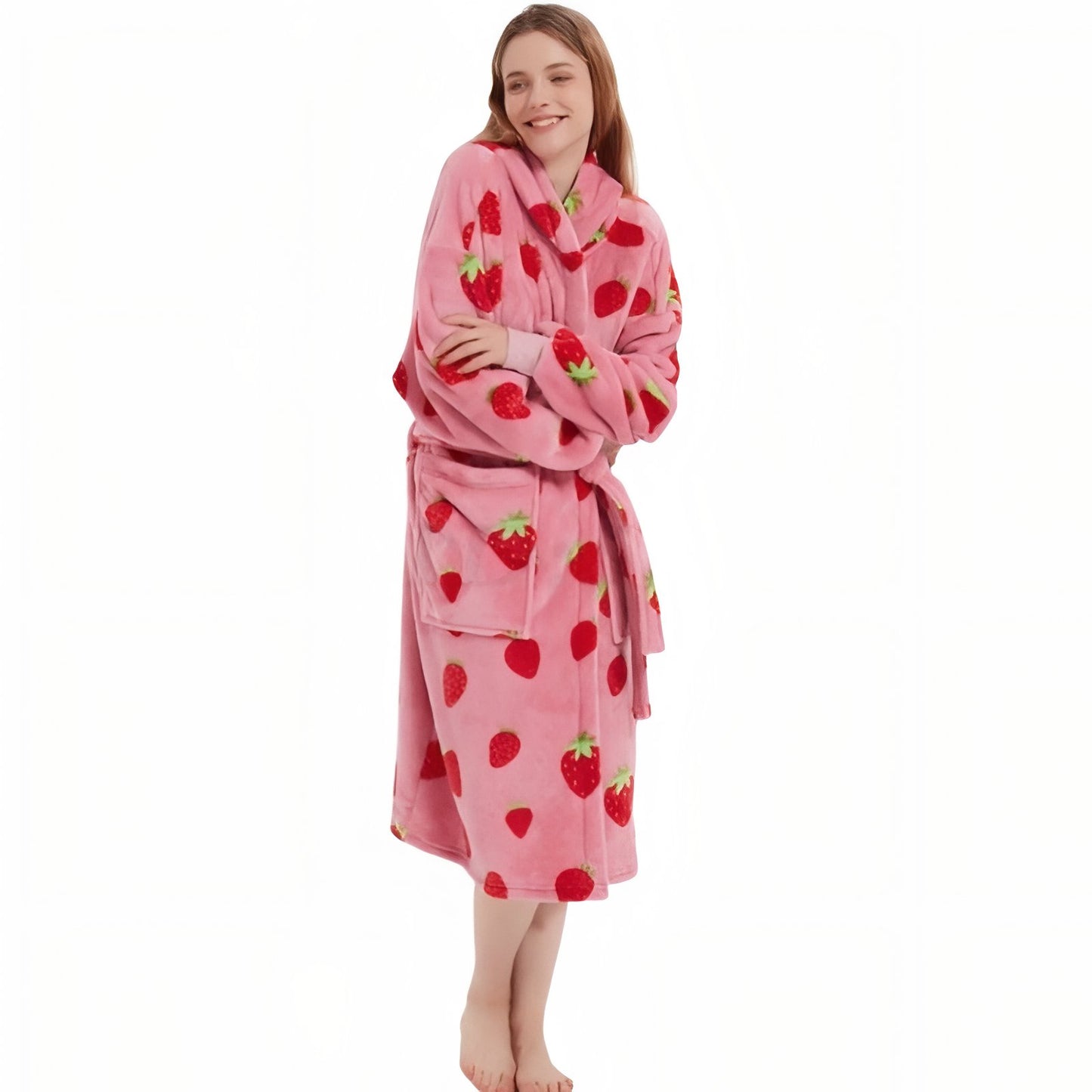 Robe de Chambre Femme Polaire Imprimée Fraise Rose et Fraises Taille Unique