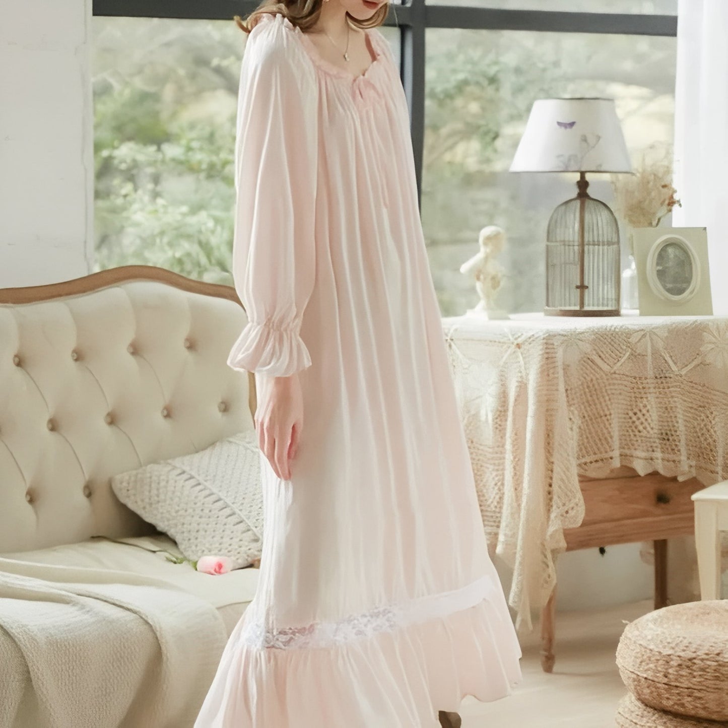 Chemise de Nuit Femme Coton Manches Longues Dentelle