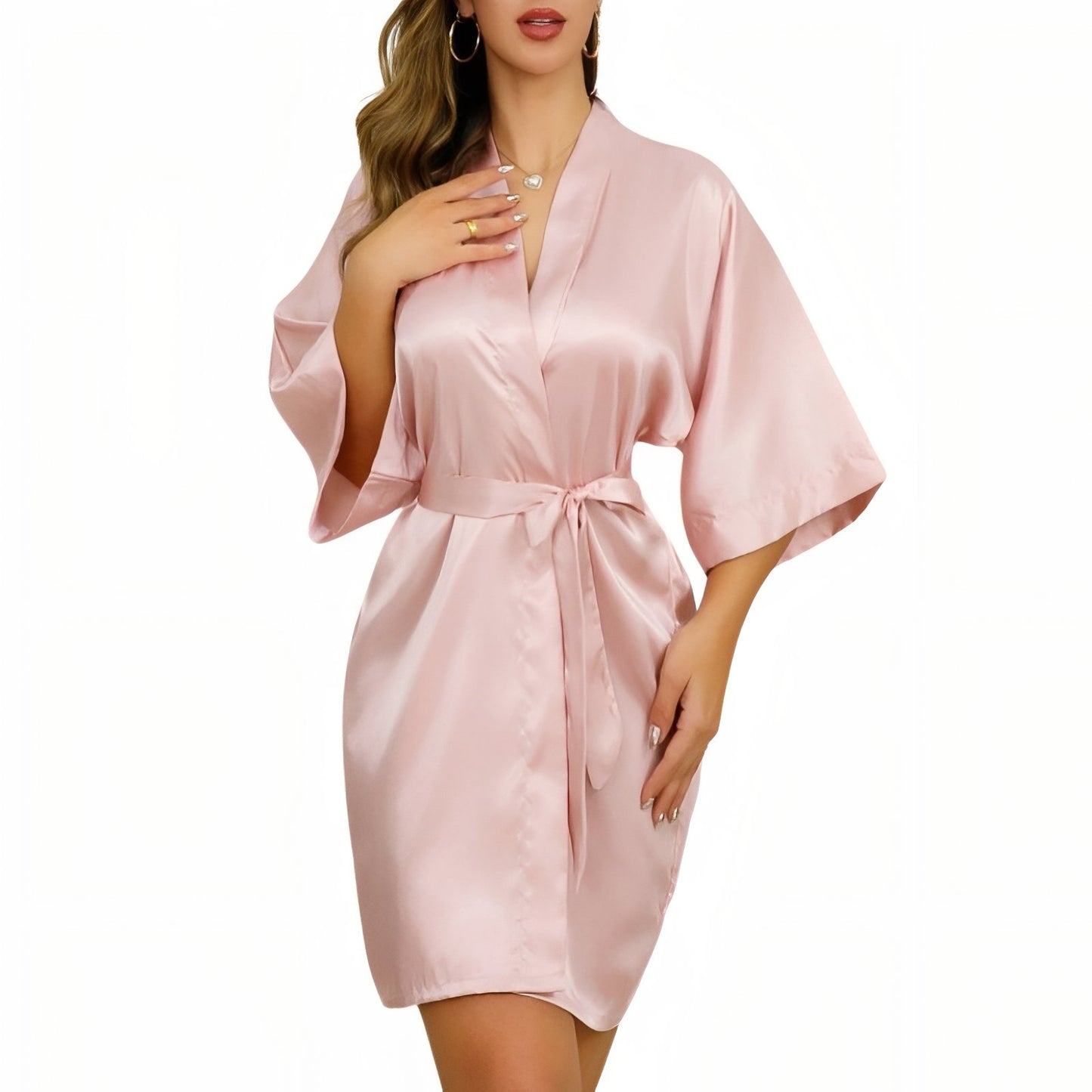 Peignoir Court Satin Femme Rose Pâle S